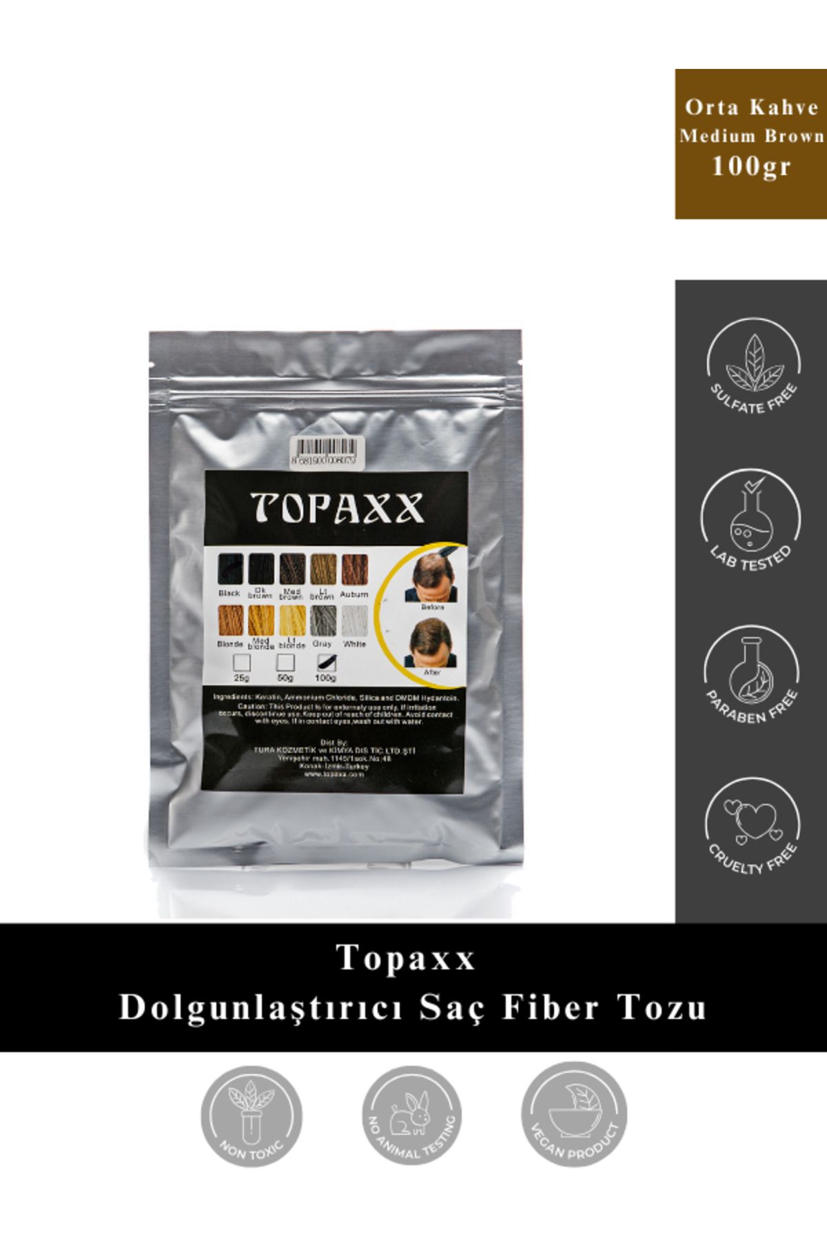 Topaxx Orta Kahve/medium Brown Kellik Kapatıcı Dolgunlaştırıcı Saç Fiber Tozu 100 gr Ekonomik Boy