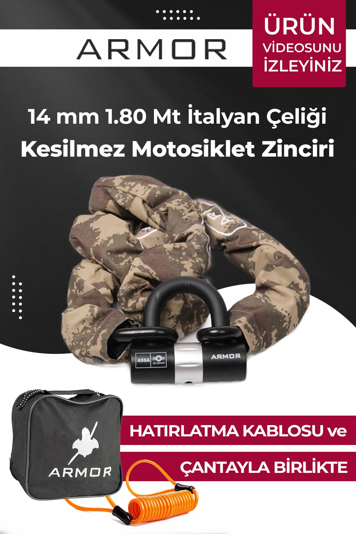 Armor 714 Mv Kesilmez Motosiklet Zincir Kilit 14 Mm 1.80 Mt U Kilit