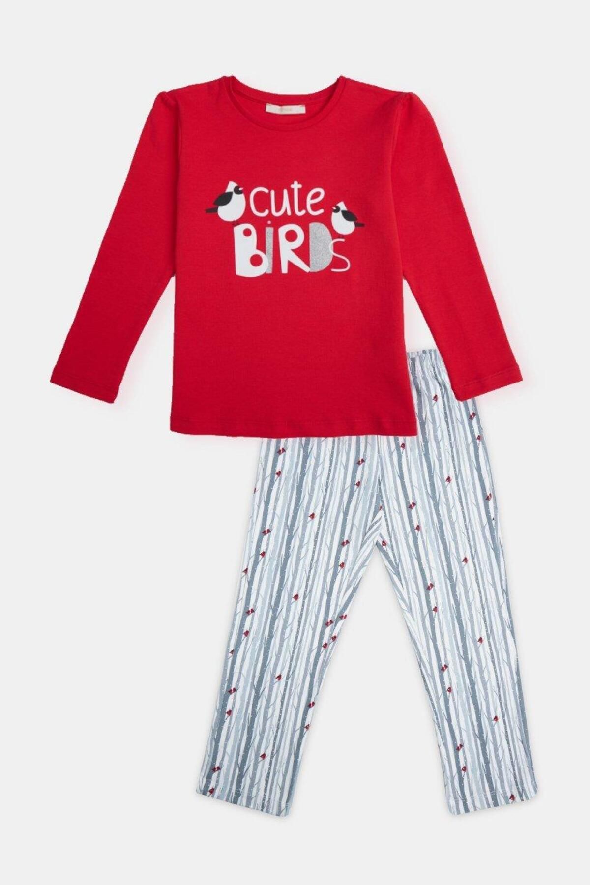 Eros 29583 Ekru Kırmızı Pamuklu Uzun Kollu Kız Çocuk Pijama Takımı