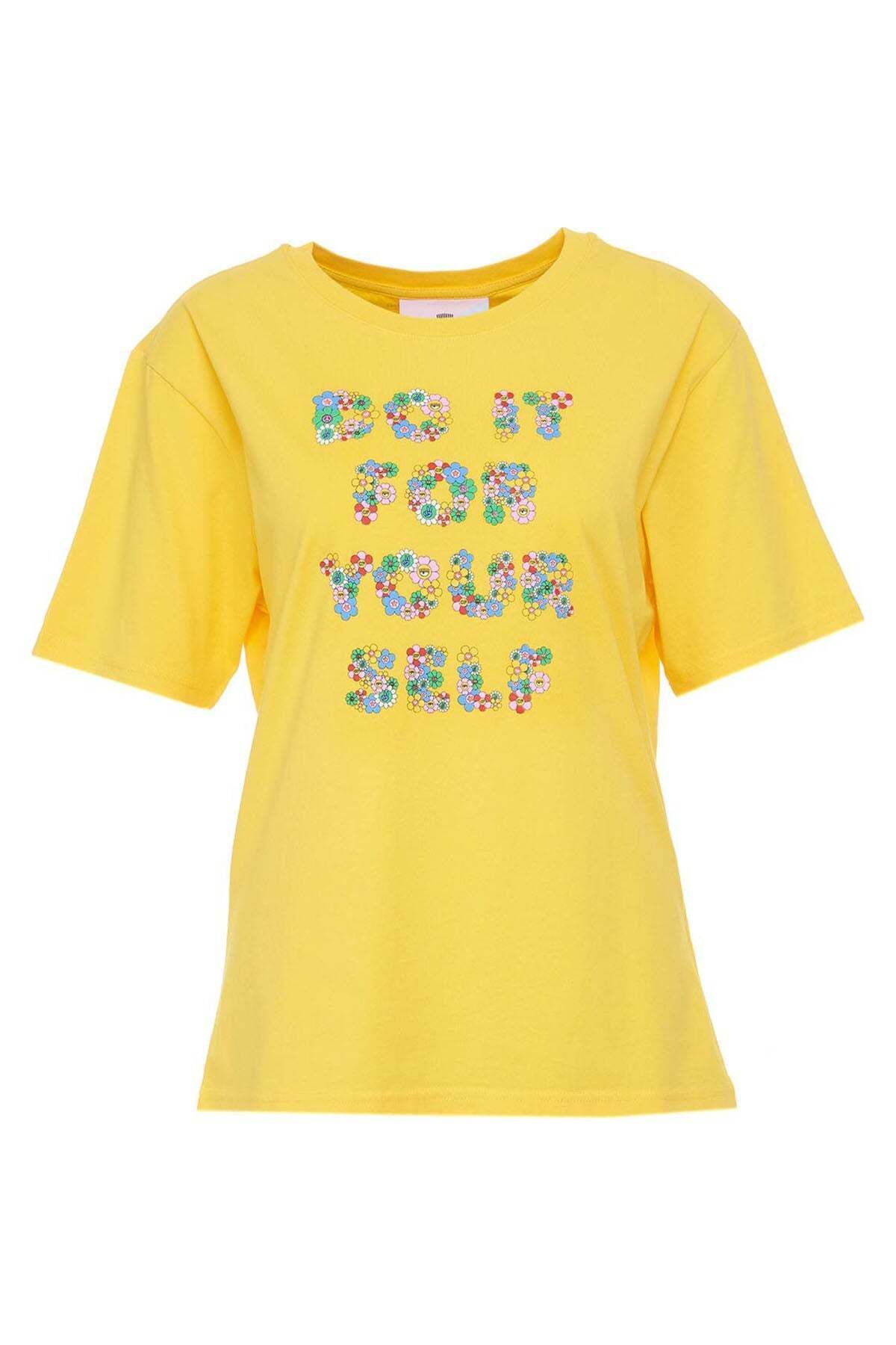 CHIARA FERRAGNI Yuvarlak Yaka Yazılı T-shirt M / Sarı