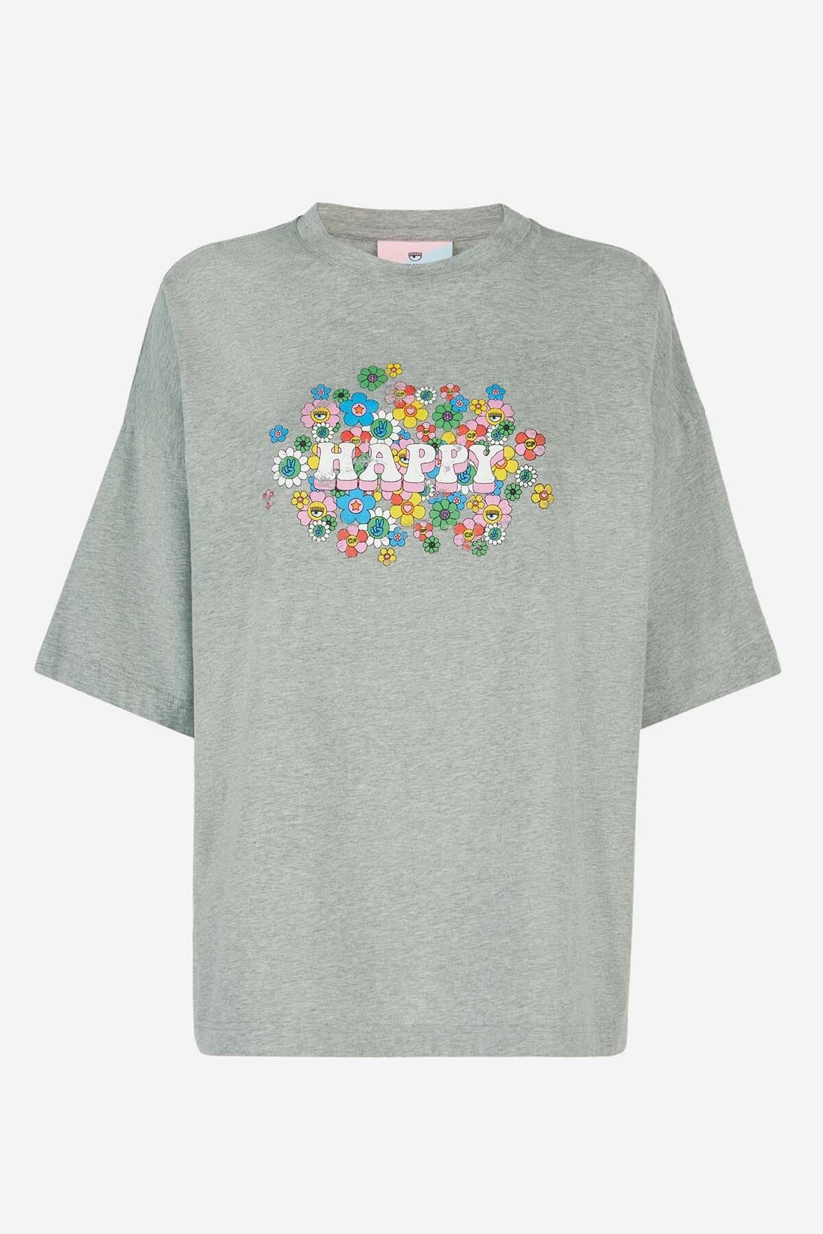 CHIARA FERRAGNI Geniş Kesim Renkli Logo Baskılı T-shirt M / Gri