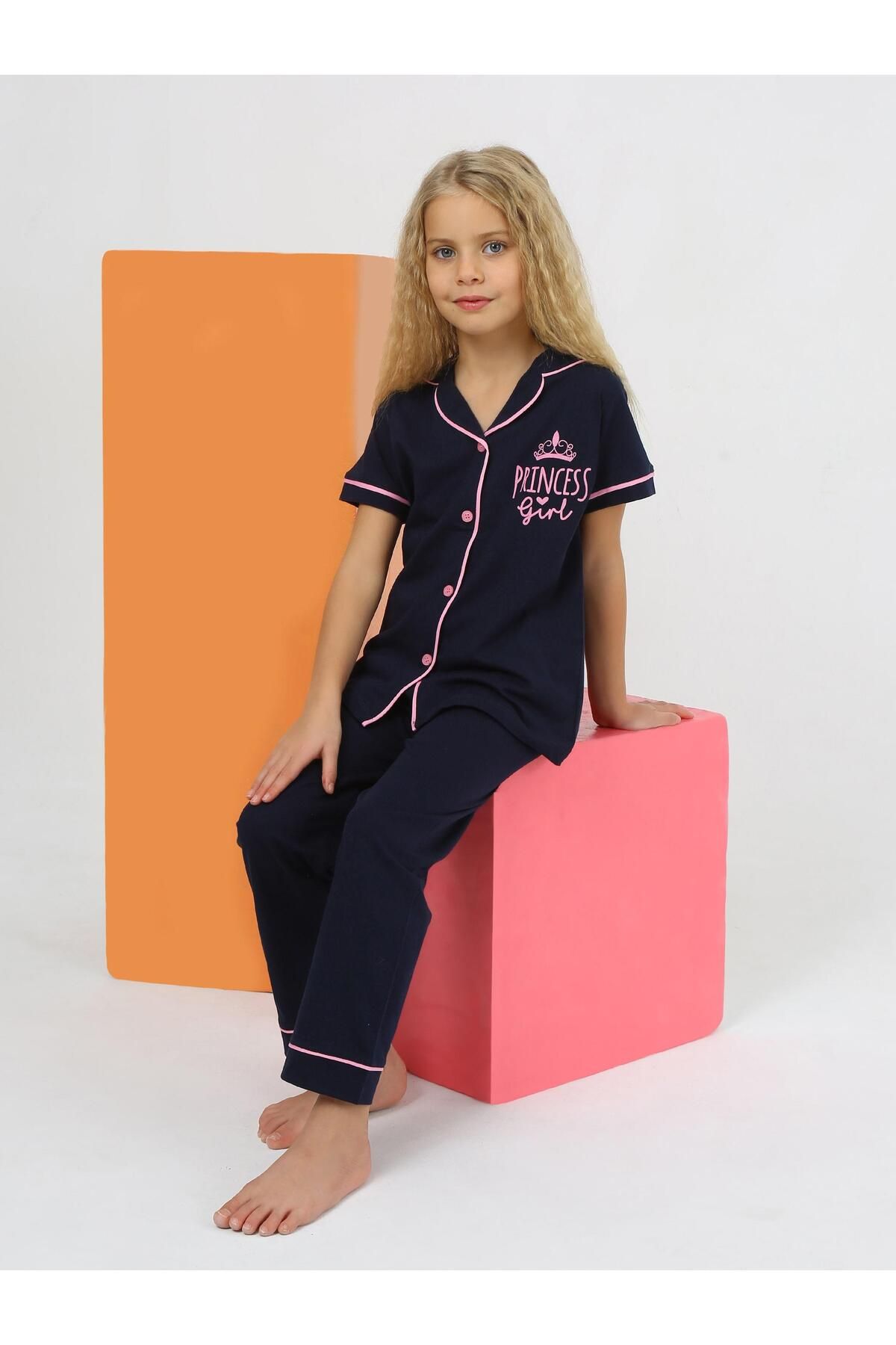 vitmo Kız Çocuk Kısa Kollu %100 Pamuklu Düğmeli Pijama Takımı Princess Indigo