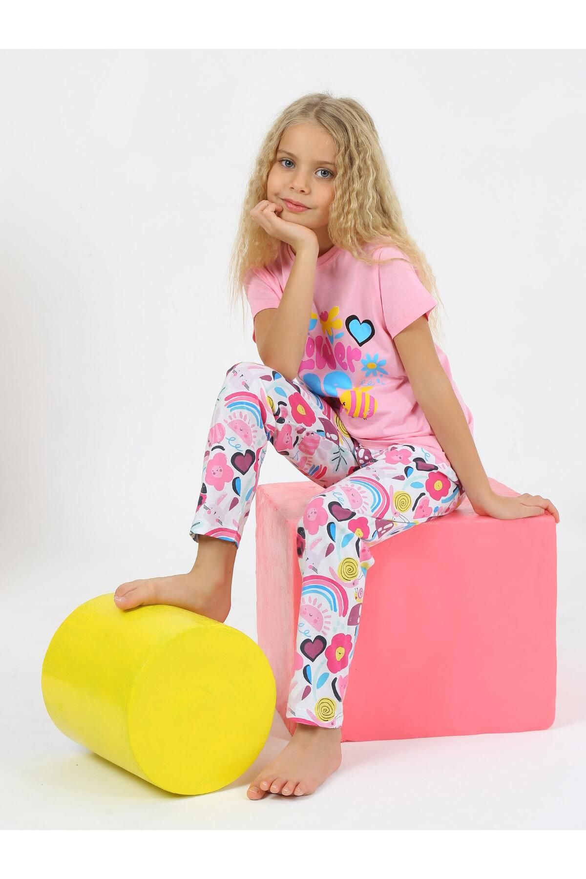 vitmo Kız Çocuk Kısa Kollu %100 Pamuklu Flower Up Pijama Takımı Pembe