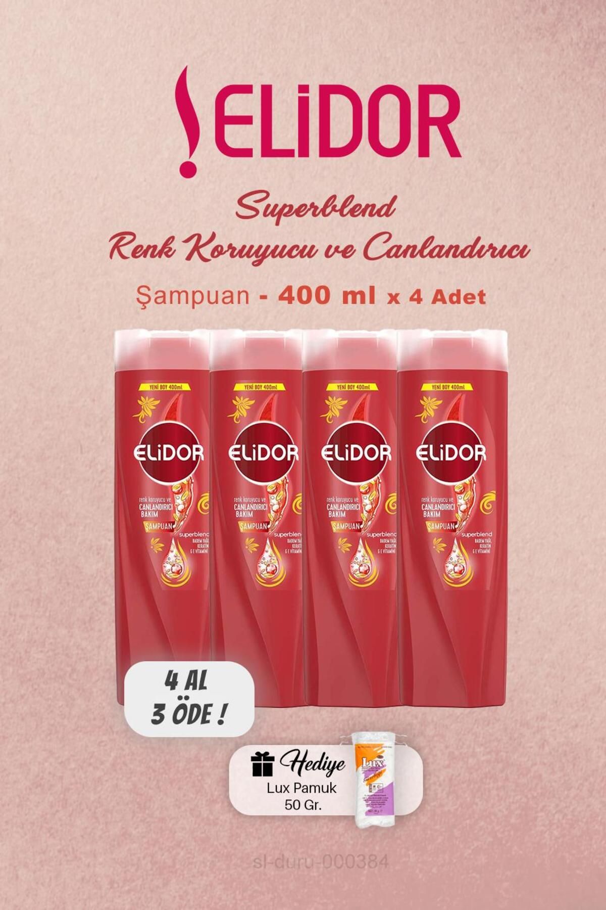 Elidor 4 AL 3 ÖDE Elidor Şampuan Renk Koruyucu Canlandırıcı 400 ml, Pamuk Hediyeli