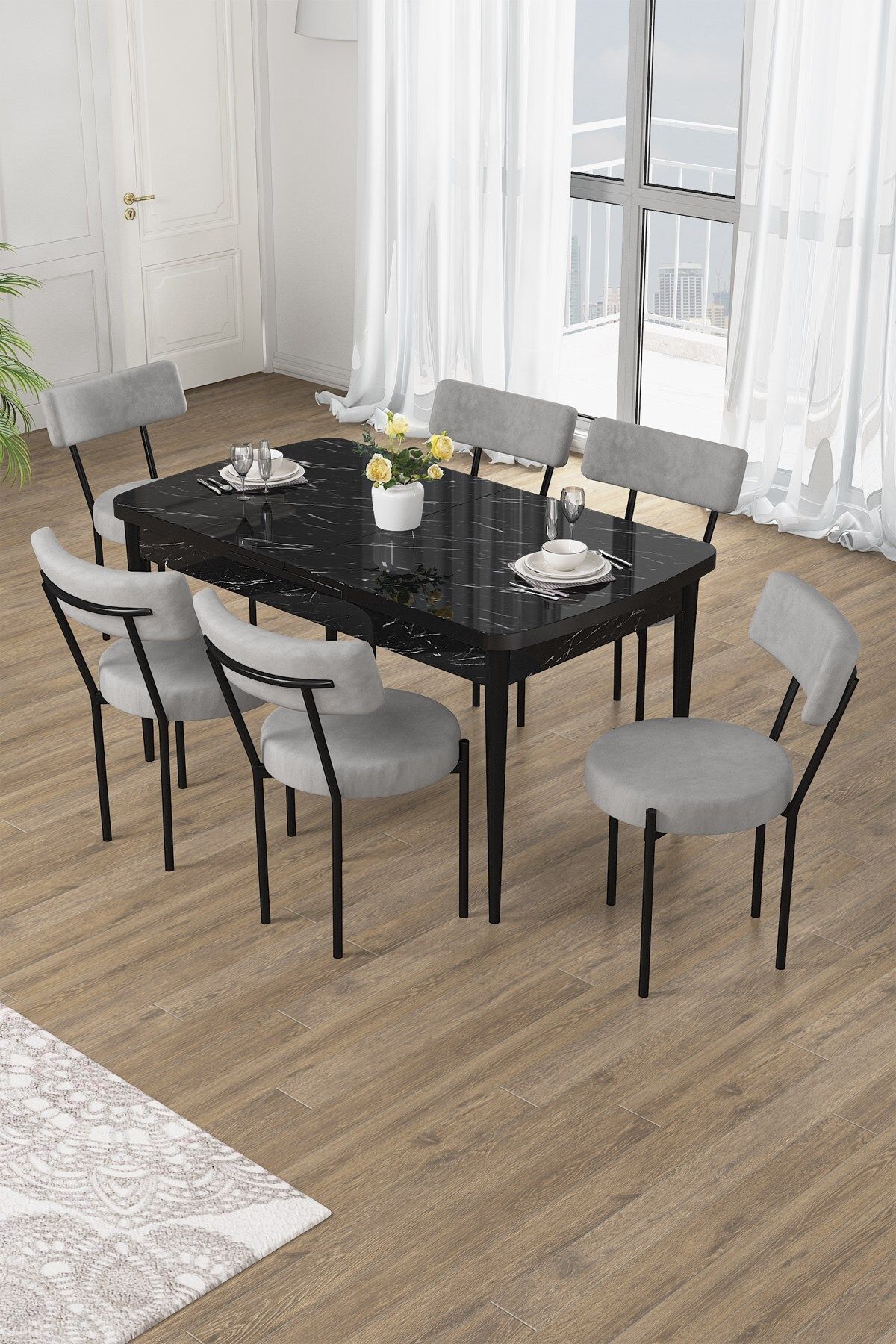 Canisa Puka Serisi 80x132 Açılabilir Siyah Mermer Desen Mutfak Masası Takımı 6 Gri Sandalye