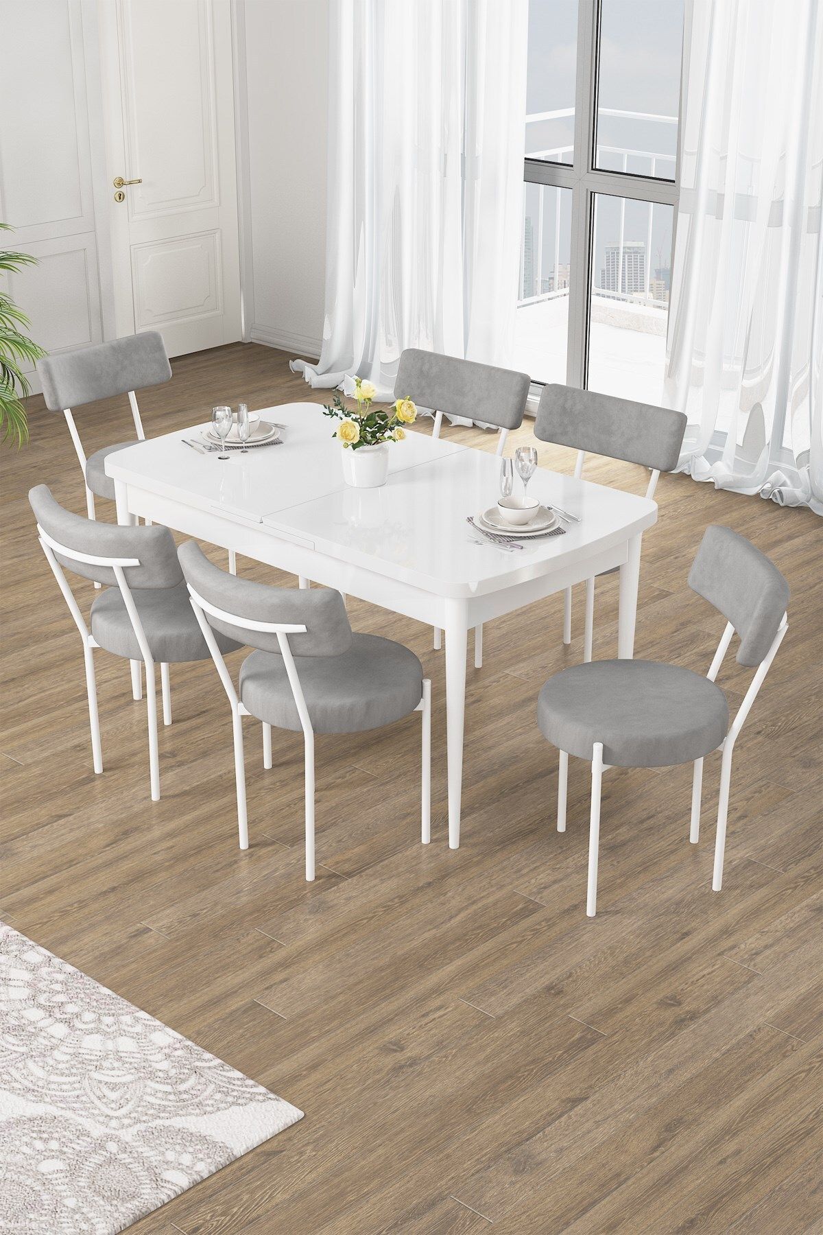 Canisa Puka Serisi 80x132 Açılabilir Beyaz Mutfak Masası Takımı 6 Gri Sandalye