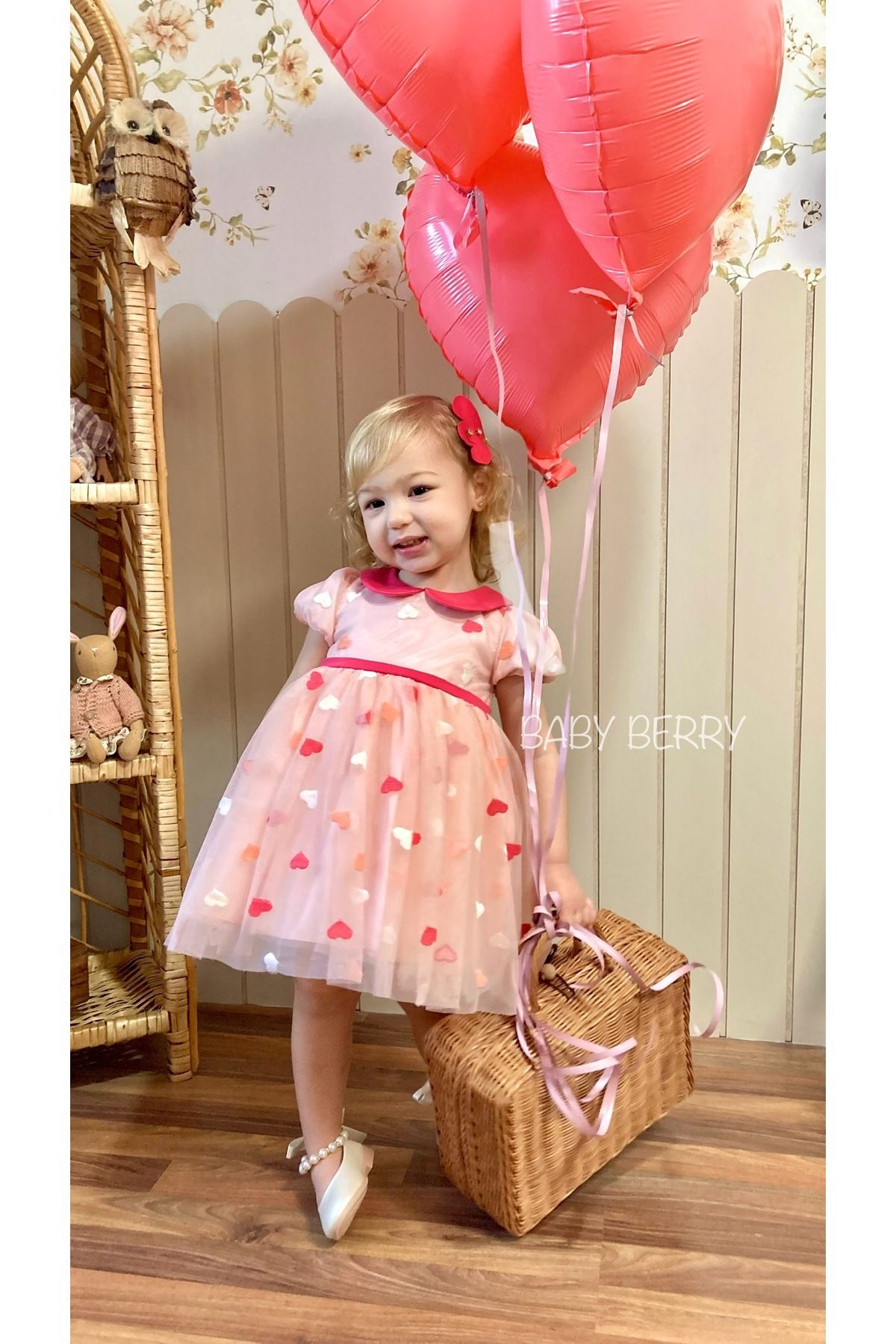 Baby Berry Baby store Kız Bebek Çocuk Bebe Yaka Kalp İşlemeli Tüllü Özel Gün Doğum Günü Parti Elbise-Kalp Toka Set Pembe