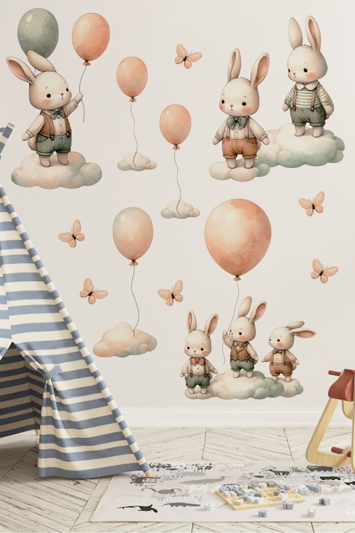 TUGİBU Çocuk Odası Duvar Sticker Seti, Sevimli Tavşanlar Boho Temalı