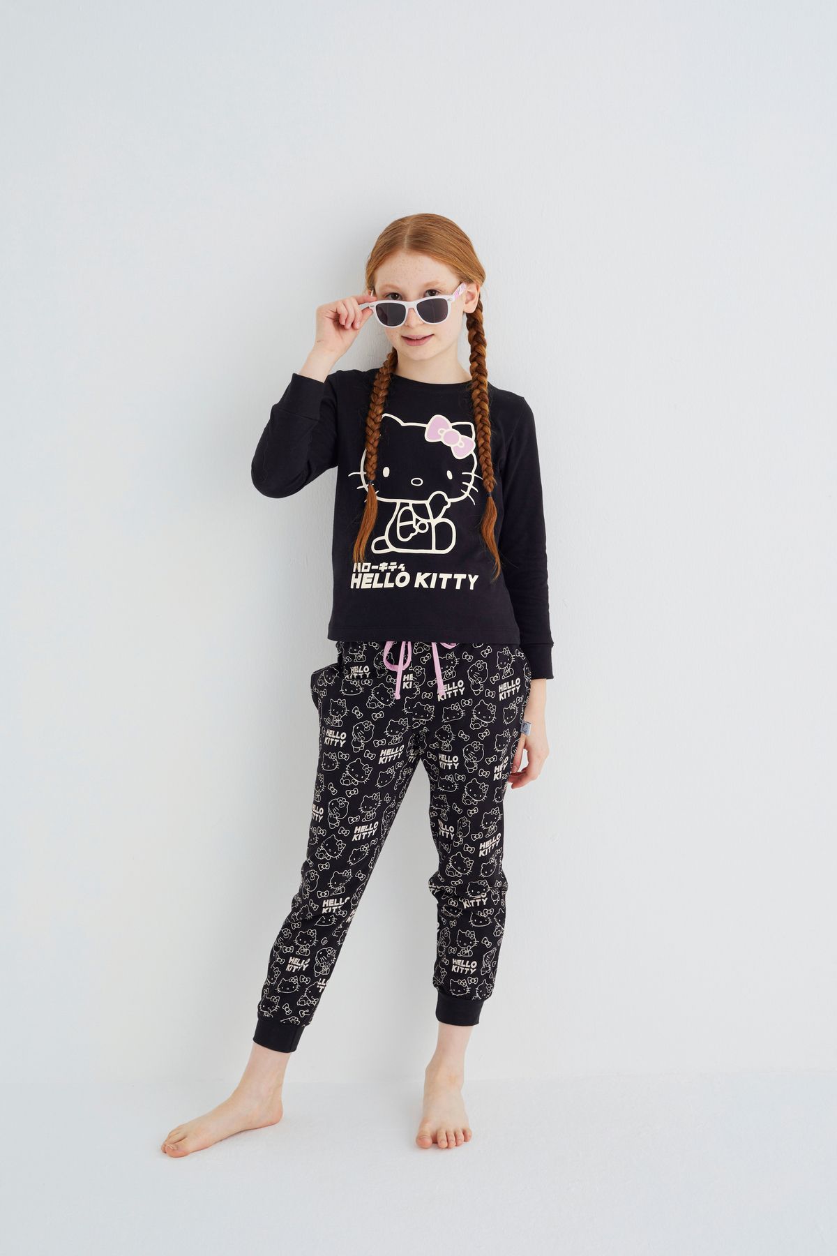 Hello Kitty Kız Çocuk Siyah Kız Uzun Kol 100% Pamuklu Pijama Takımı Roz-52