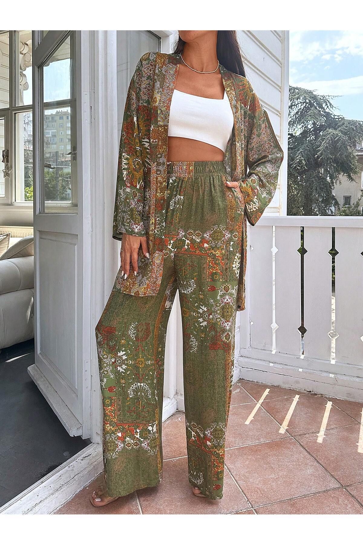 forte bella Kadın Haki Yeşil Etnik Desen Kimono Pantolon Takım