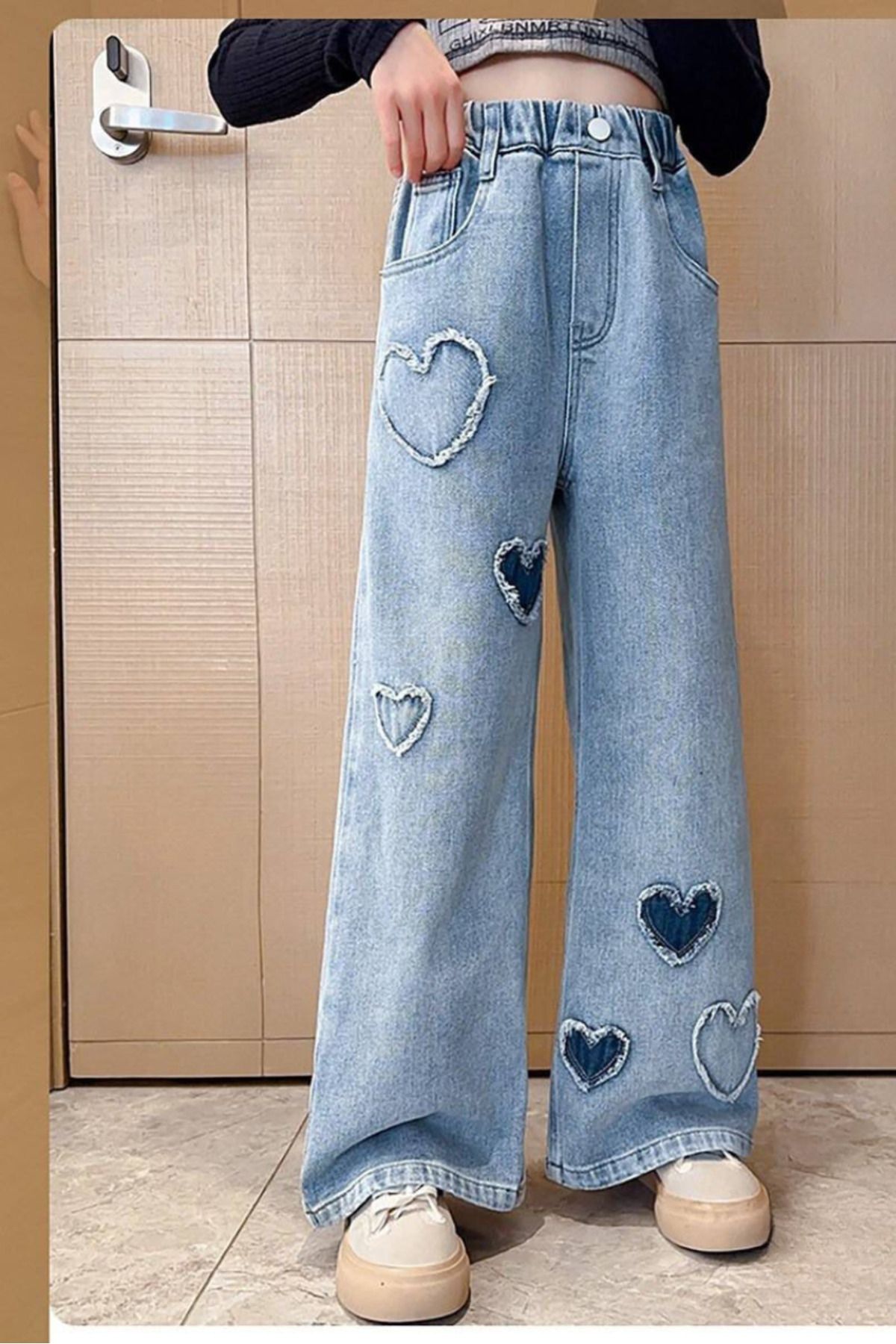 Teeny Weeny Kids Kız Çocuk Kalp Aplike Detaylı Wide Leg Jean Pantolon