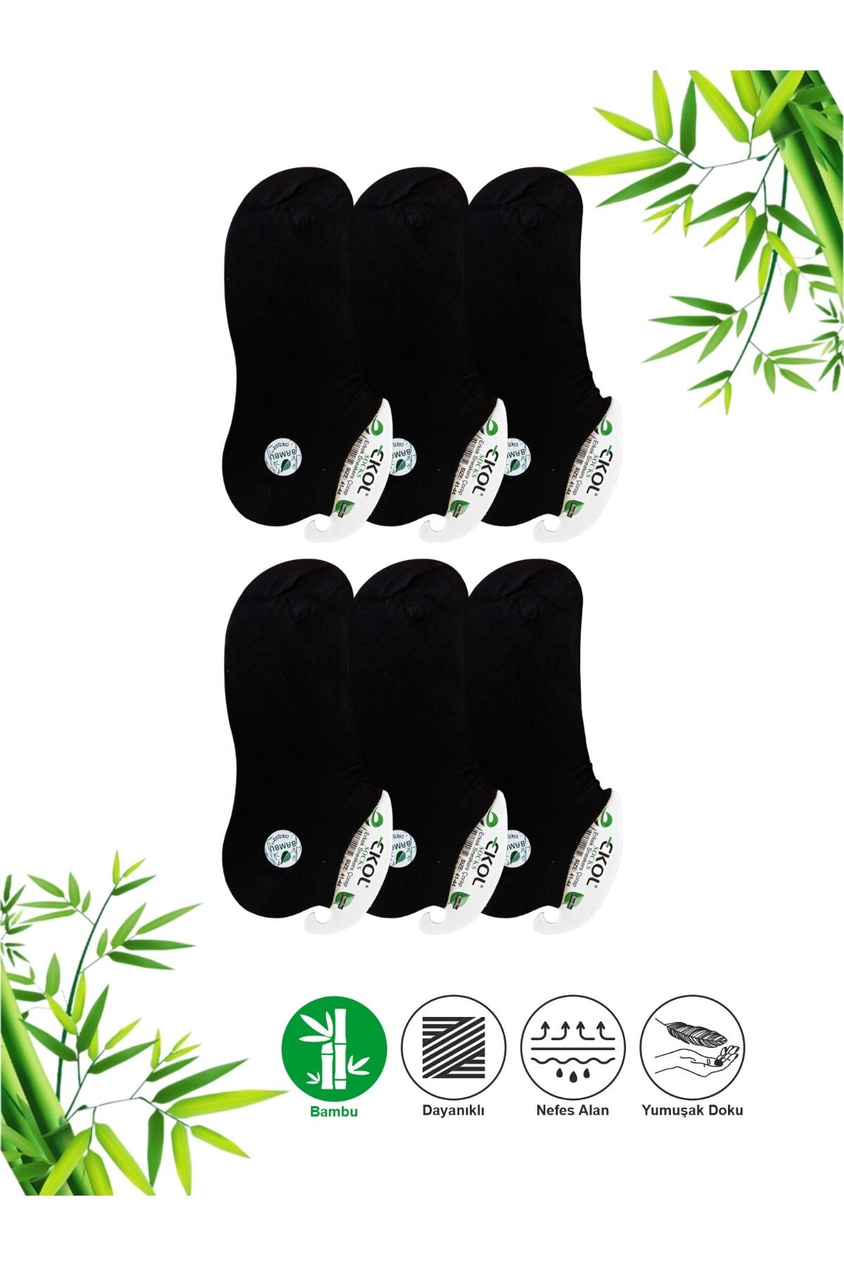 EKOL SOCK'S Bambu Erkek Görünmez Siyah Dikişsiz Sneakers Çorap 6'lı Paket