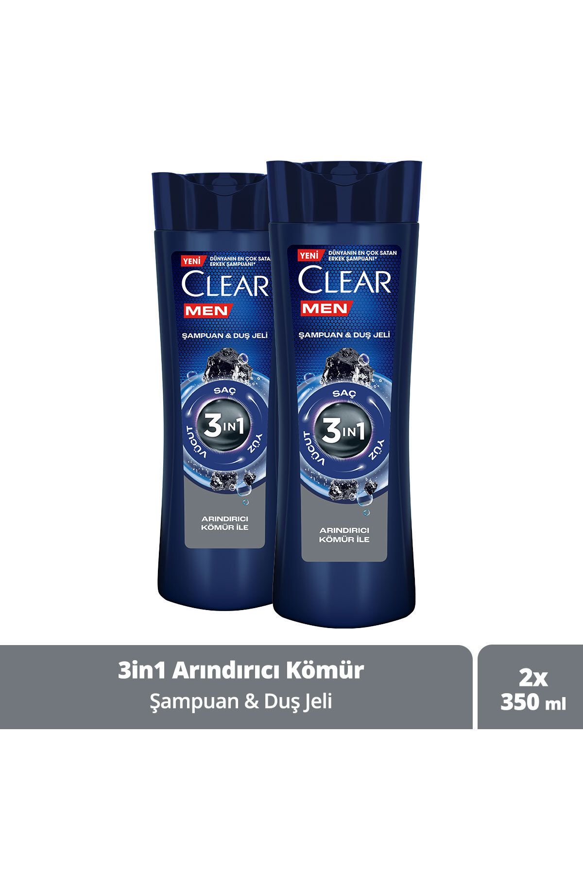Clear Men 3 In 1 Şampuan & Duş Jeli Arındırıcı Kömür Saç Yüz Vücut Için 350 ml X2