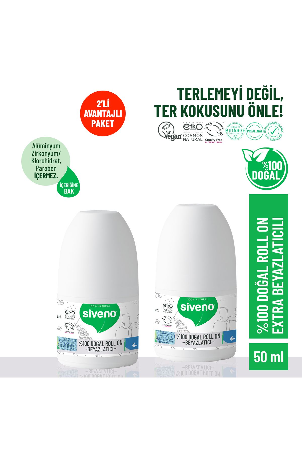 Siveno %100 Doğal Roll-On Beyazlatıcı Etkili Deodorant Ter Kokusu Önleyici Bitkisel Lekesiz 50 ml X 2 Adet