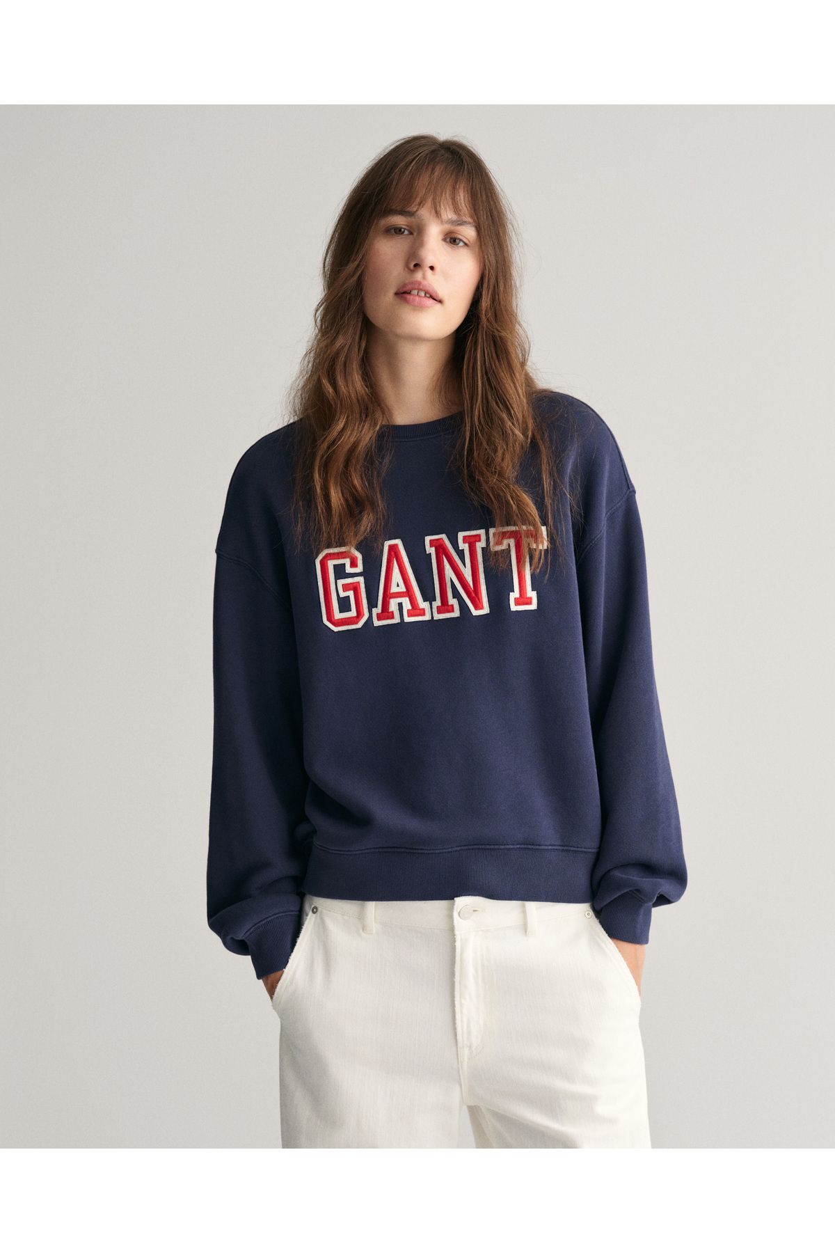 Gant Kadın Lacivert Oversize Fit Bisiklet Yaka Logolu Sweatshirt