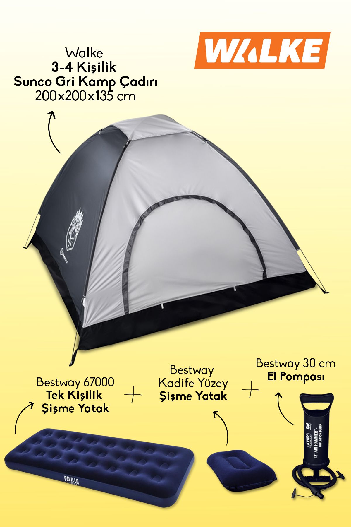 Walke Tek Kişilik Full Kamp Seti Xl Çadır + Şişme Yatak + Pompa + Şişme Yastık