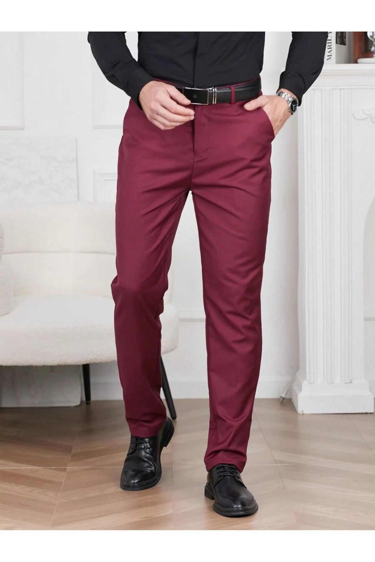 carwin Erkek Bordo Renk İtalyan Kesim Esnek Likralı Kumaş Pantolon