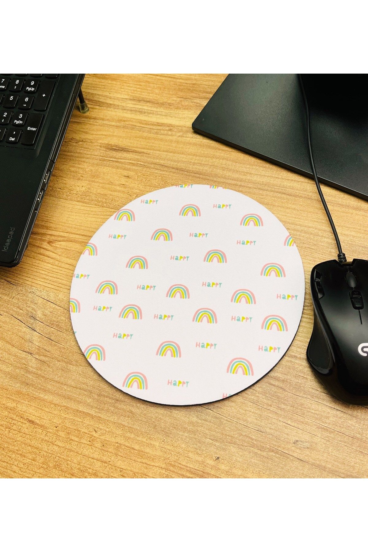 Gift Moda Happy Gökkuşağı Tasarımlı Oval Mouse Pad