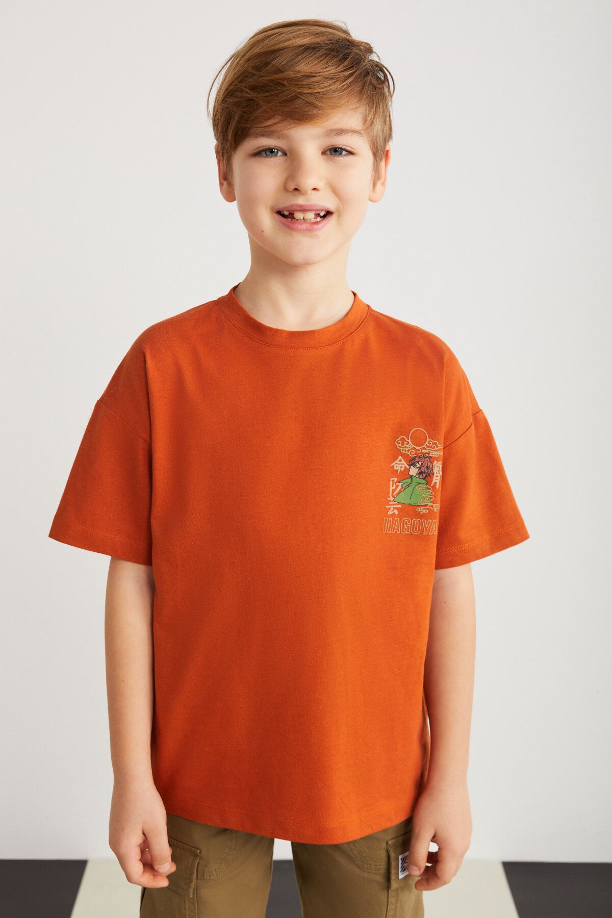 GRIMELANGE Broderıck-grm24013 100% Pamuk Baskılı Kısa Kollu Erkek Çocuk T-shirt Kiremit Rengi T-shirt