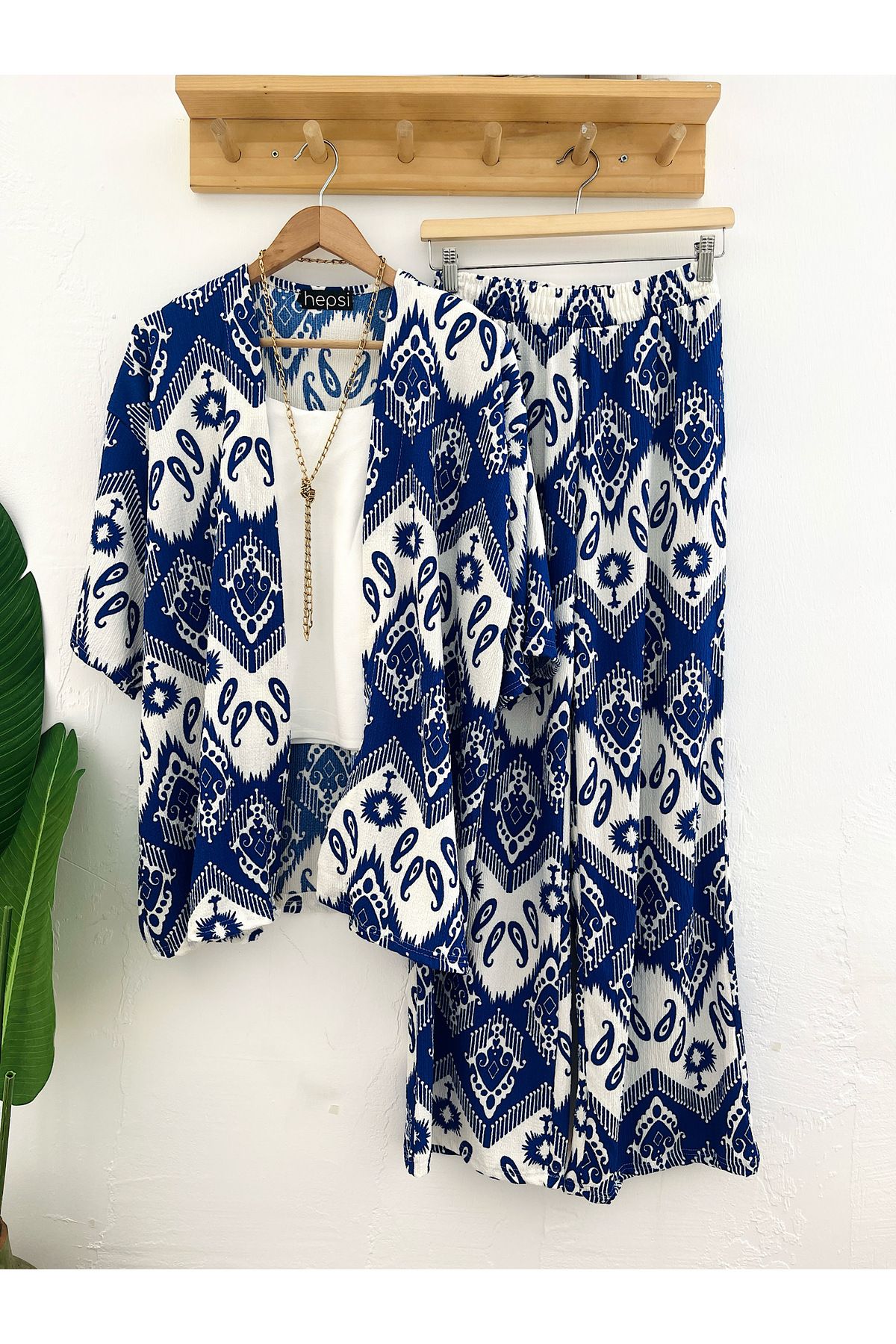 hepsi moda Etnik Desen Bürümcük Kumaş Kimono Takım - LD - Mavi