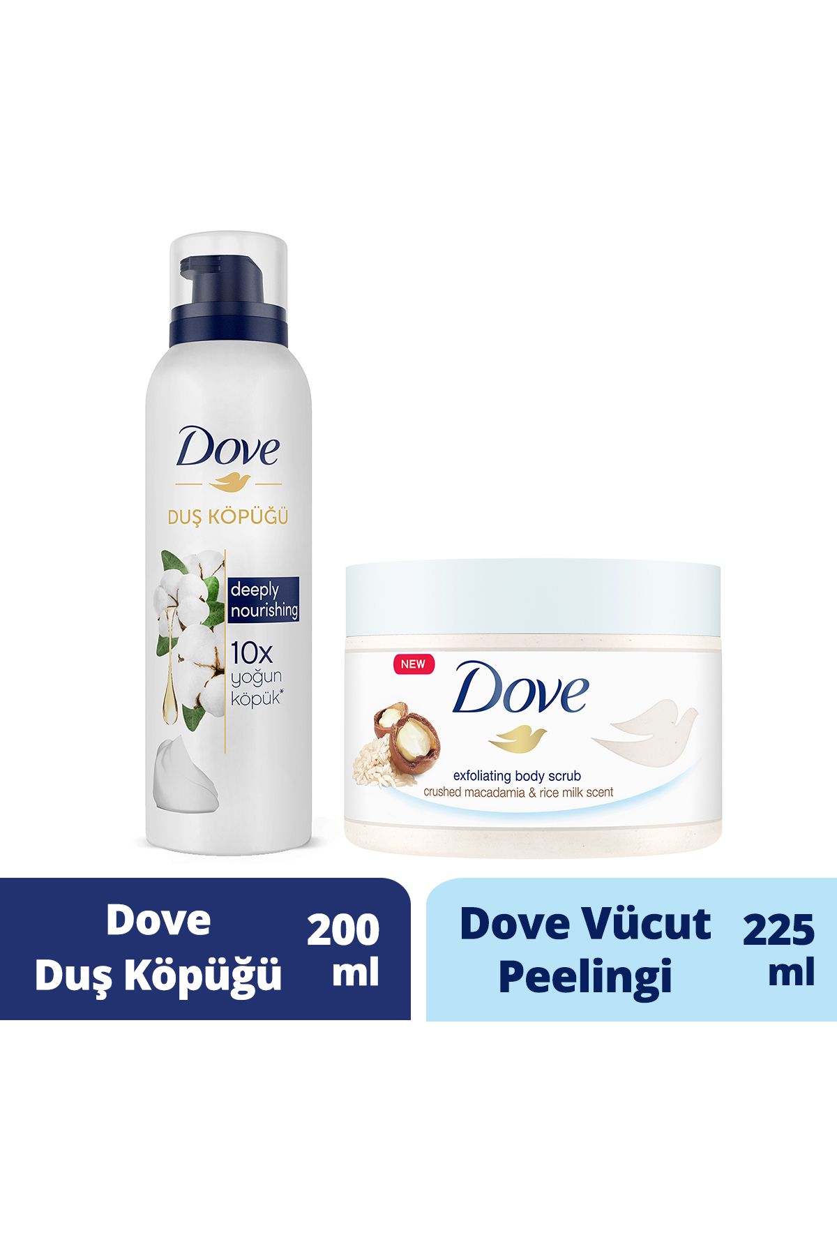 Dove Vücut Peelingi Macademia Fındığı Ve Pirinç Sütü 225ml Duş Köpüğü Depply Nourishing 200ml
