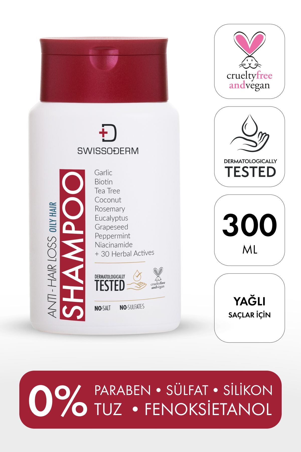 Swissoderm Dökülme Karşıtı Şampuan, Yağlı Saç, Vegan, Hızlı Uzatma, Sülfatsız Tuzsuz Saç Dökümesine Karşı 300ml
