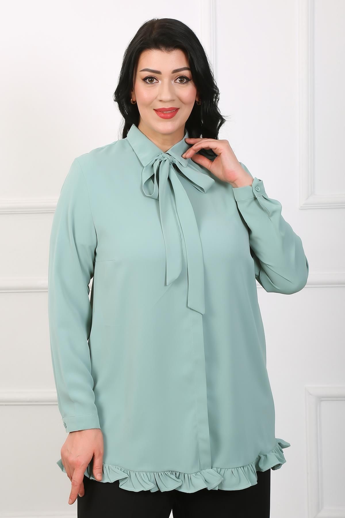 By Alba Collection Kadın Mint Yeşili Önü Fular Detay Dubai Kumaş Büyük Beden Gömlek