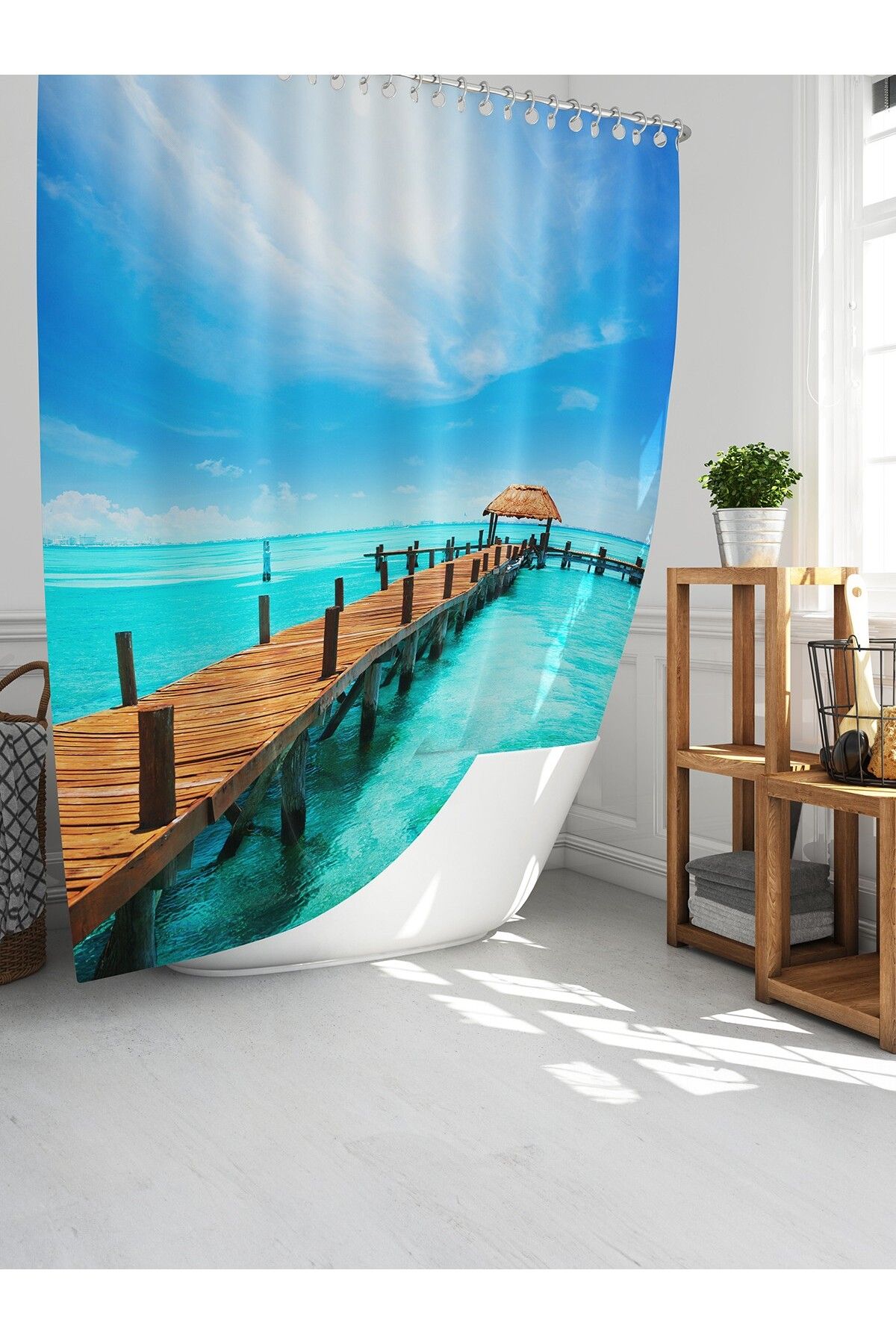 Tropikhome Banyo Duş Perdesi İskeleli Manzaralı Dijital Baskılı Banyo Perdesi, Tek Kanat C Halkalı-180x200 cm