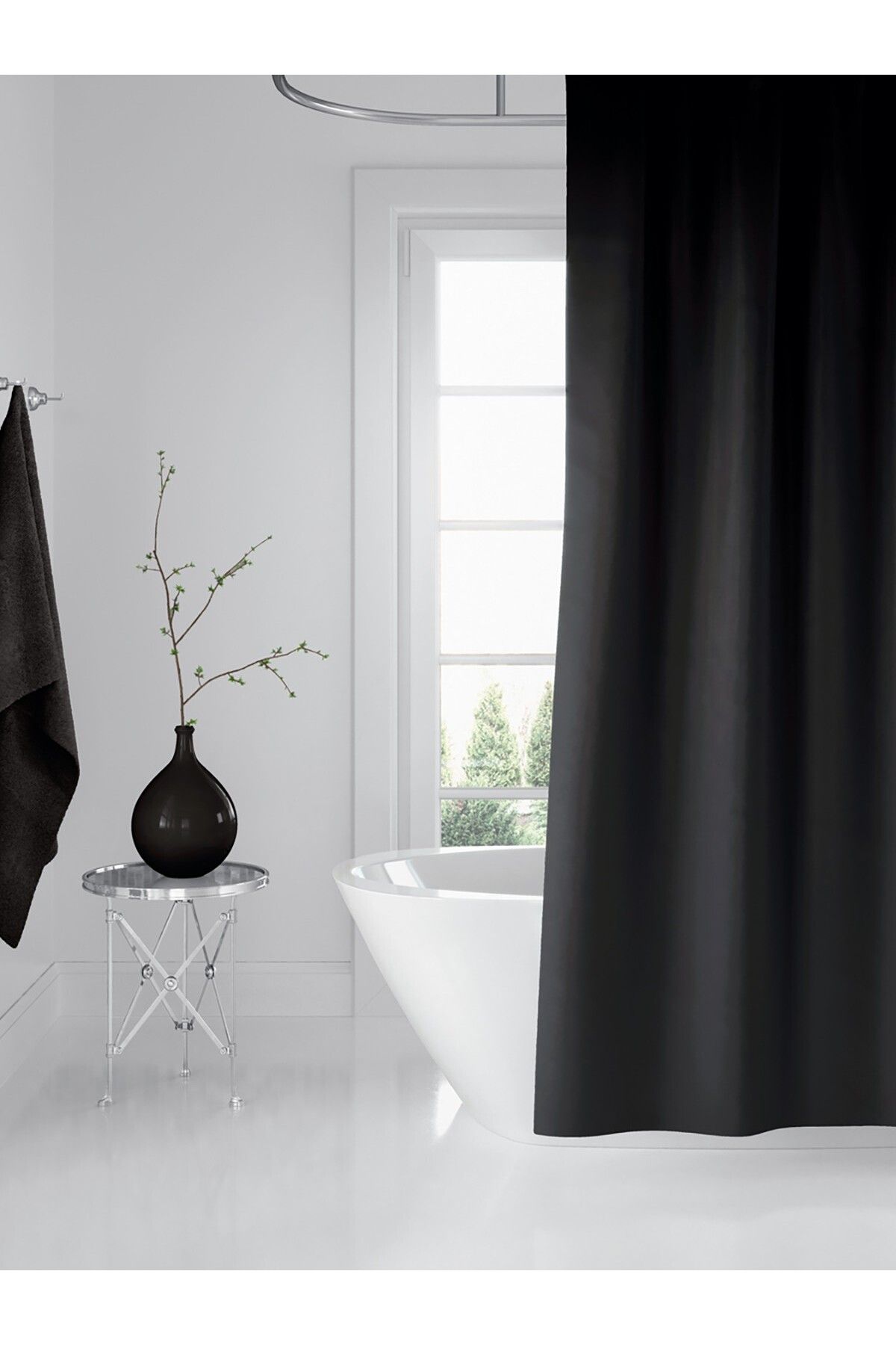 Tropikhome Duş Perdesi Çift Kanat 2x120x200cm Siyah Renk Banyo Perdesi 16 Adet C Halka Hediyeli