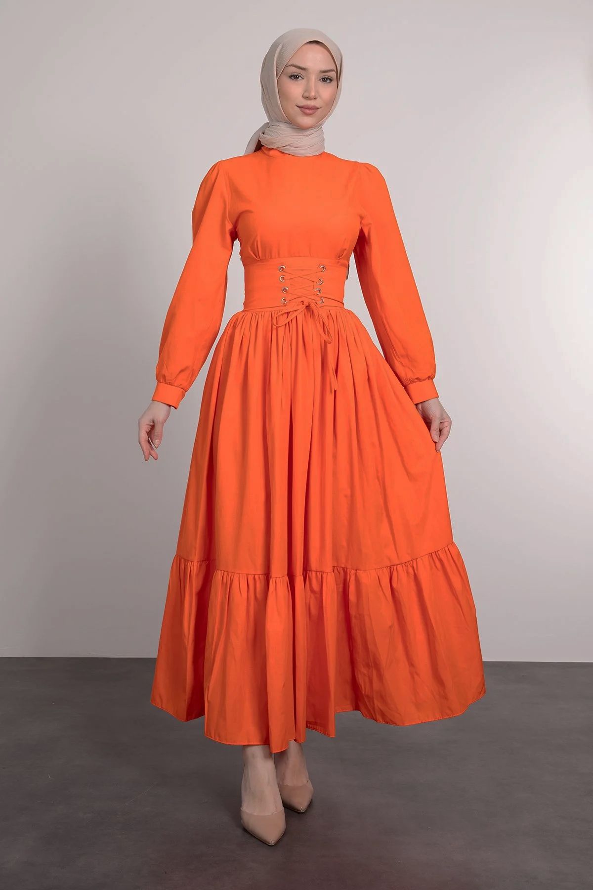 Lamia Giyim Beli Çapraz Bağcıklı Vintage Tesettür Elbise