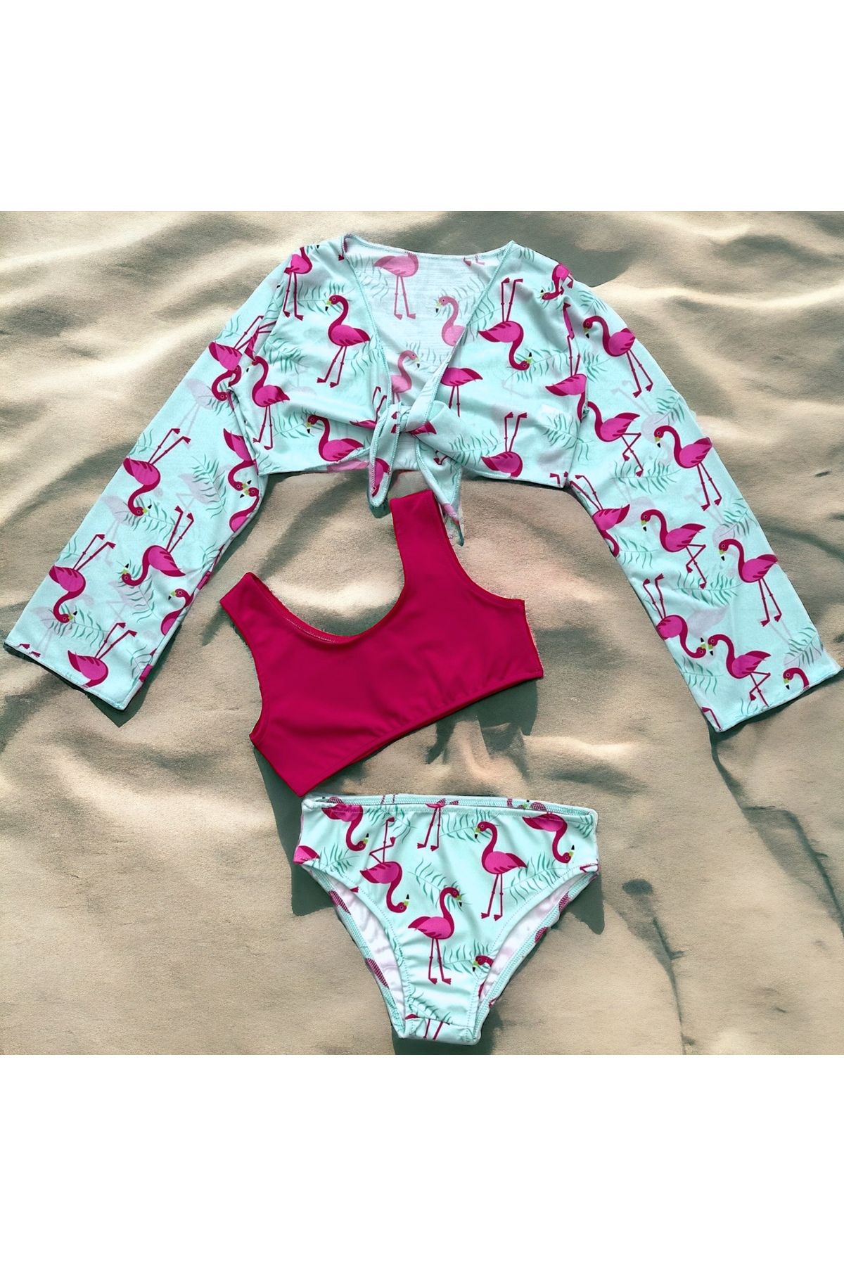Lolliboomkids Yeni Sezon Kız Çocuk Flamingo Kuş Desen Pembe - Yeşil Renk Pareolu Bikini Takımı 3'lü Set