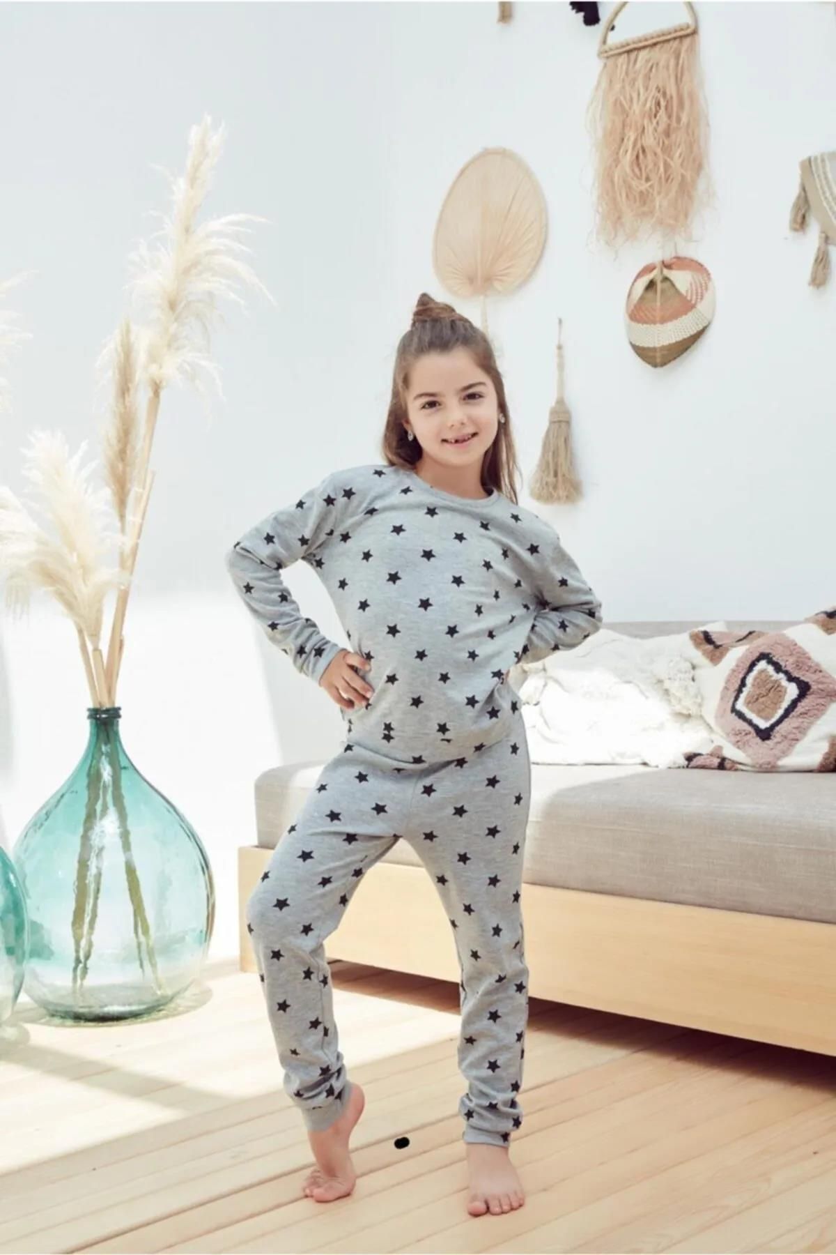 Eros 29611 Gri Yıldız Desenli Pamuklu Uzun Kollu Kız Çocuk Pijama Takımı