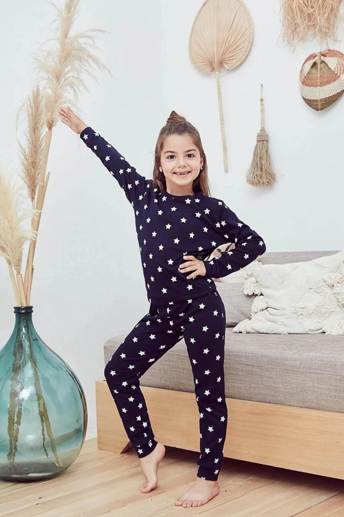 Eros 29611 Lacivert Yıldız Desenli Pamuklu Uzun Kollu Kız Çocuk Pijama Takımı