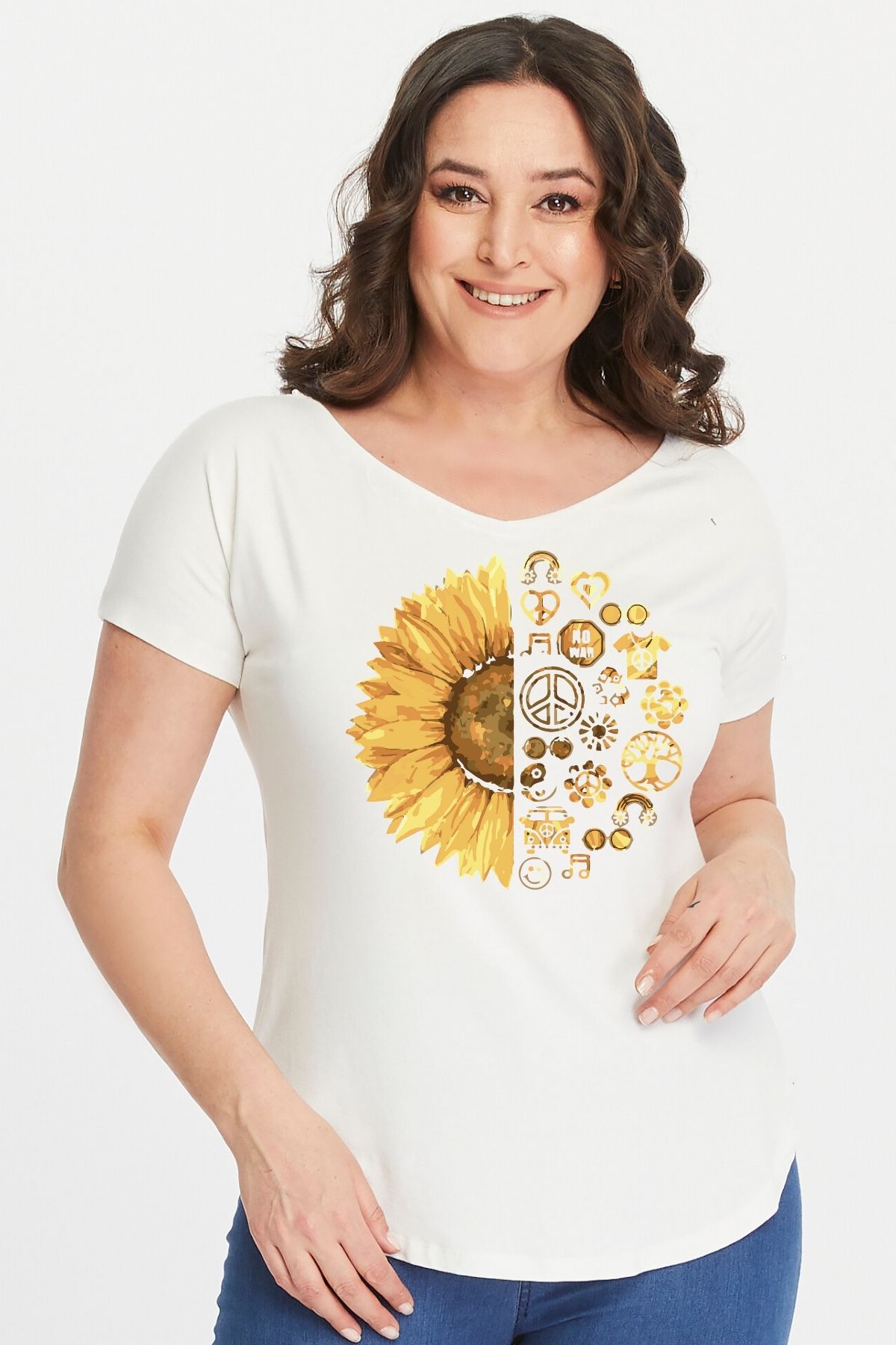 Curvy Trend Büyük Beden Sun Flower Baskılı Geniş V Yaka Kısa Kol Oval Yırtmaç Bluz