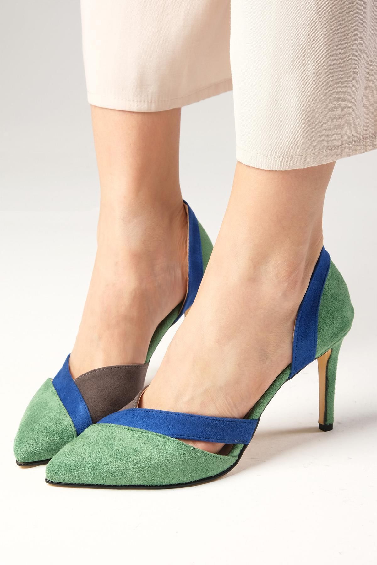 Mio Gusto Yeşil Renk Süet Renk Bloklu Kadın Stiletto Topuklu Ayakkabı