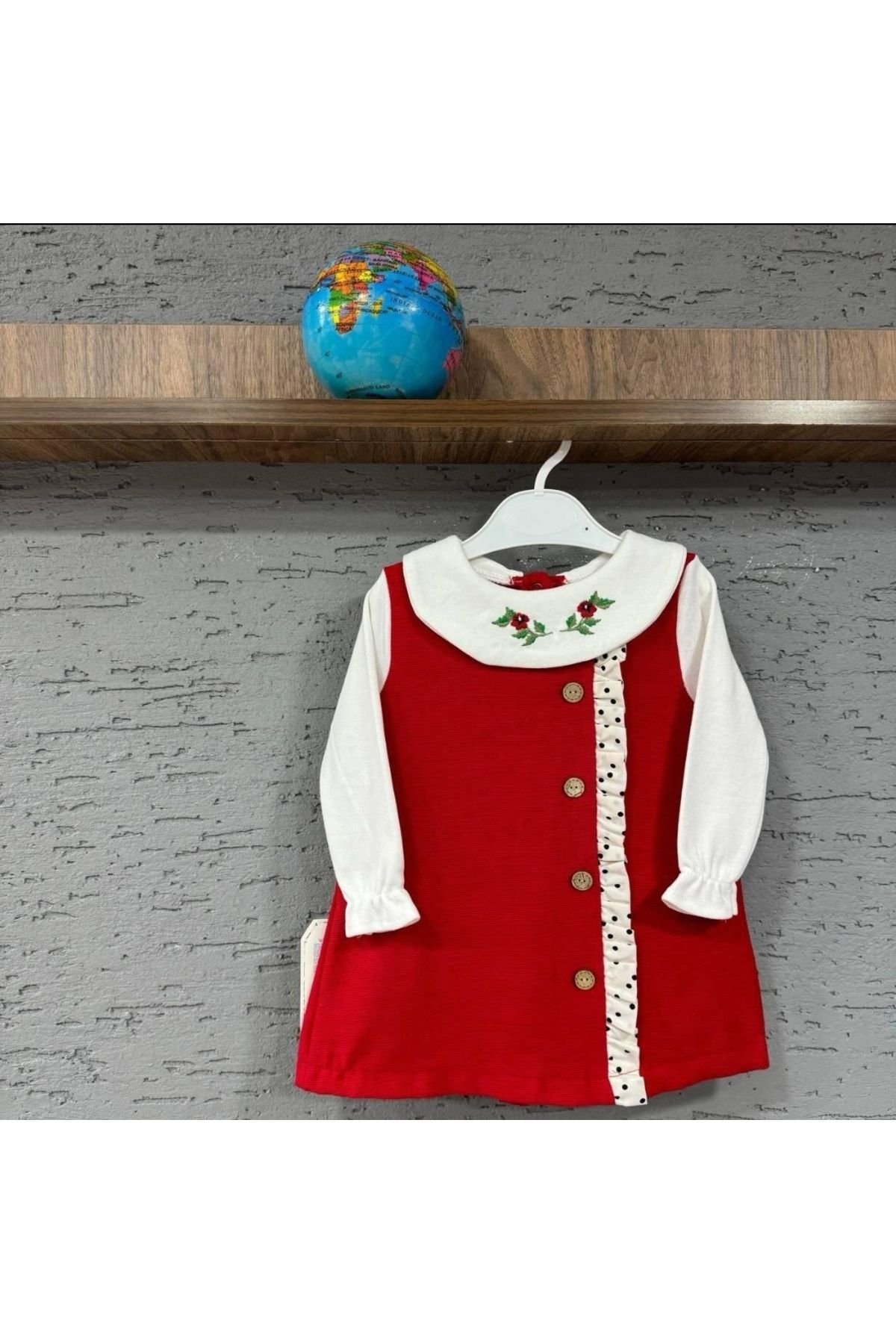 EFULİM Çiçek Nakışlı Bebe Yaka Düğme Detaylı Kız Çocuk Bayramlık Elbise