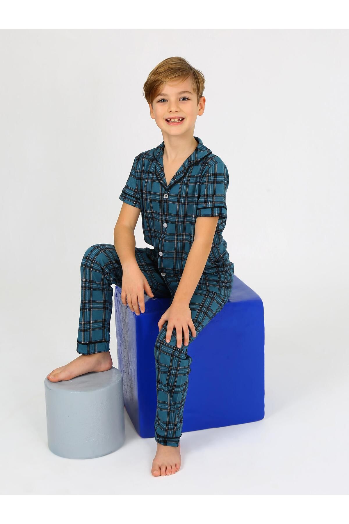 vitmo Erkek Çocuk Kısa Kollu %100 Pamuklu Düğmeli Pijama Takımı Nova Petrol