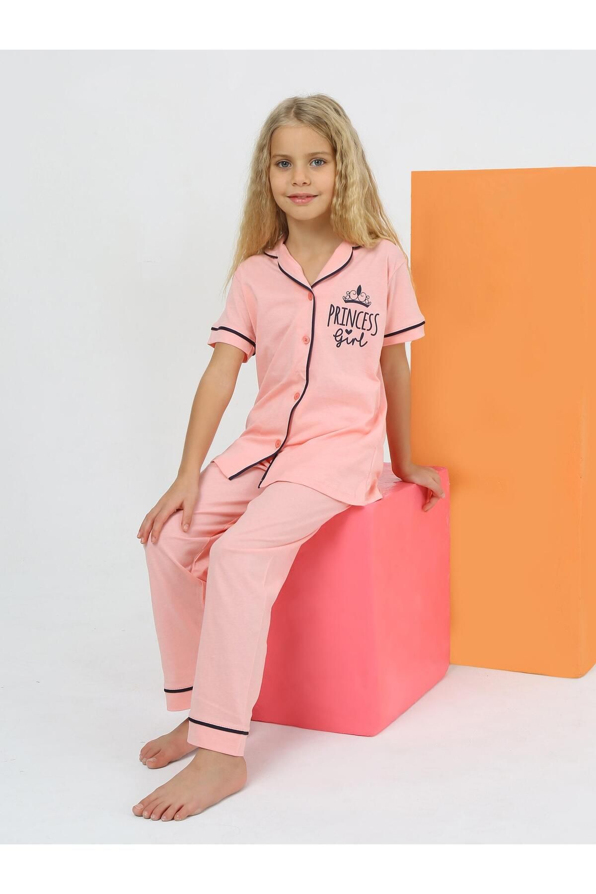 vitmo Kız Çocuk Kısa Kollu %100 Pamuklu Düğmeli Pijama Takımı Princess Pembe