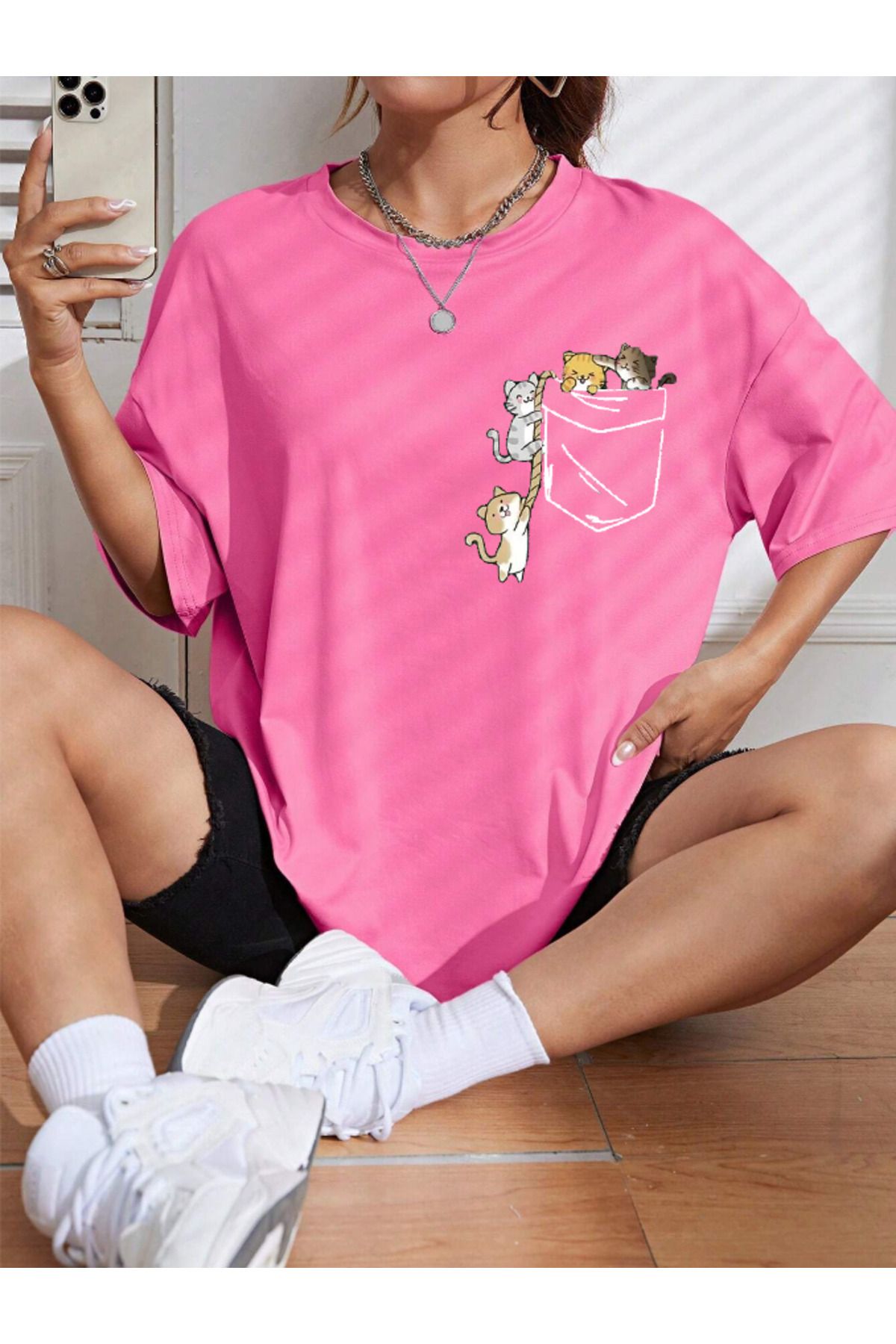 Revasser Unisex Kadın/Erkek CAT Renkli Özel Baskılı Oversize Pamuk Bisiklet Yaka Penye T-Shirt