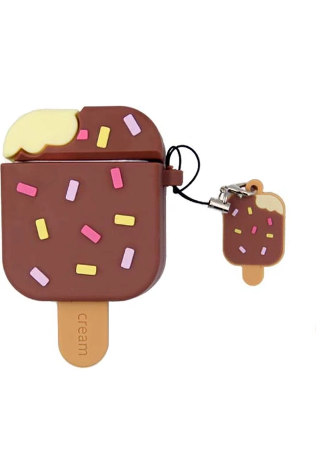 HappyCase Air pods 1 ve 2. nesil Uyumlu Kulaklık Koruyucu 3D Silikon Kılıf kahverengi dondurma