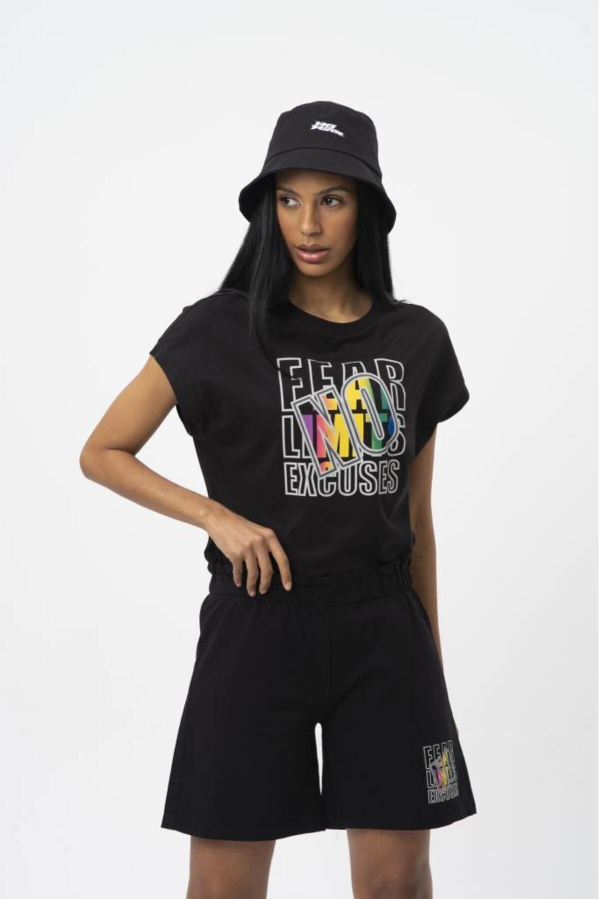 No Fear Orijinal Kadın Şort T-shirt Ikili Takım Siyah