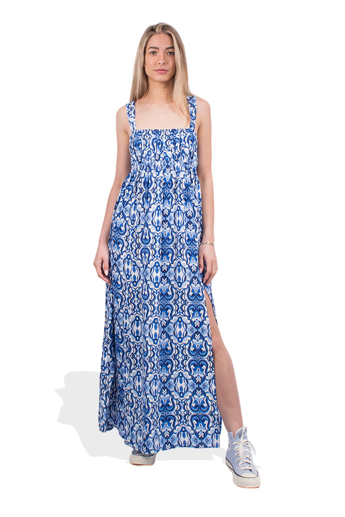 SUPERDRY Kalp Yaka Desenli Mavi Uzun Kadın Elbise W8011623A