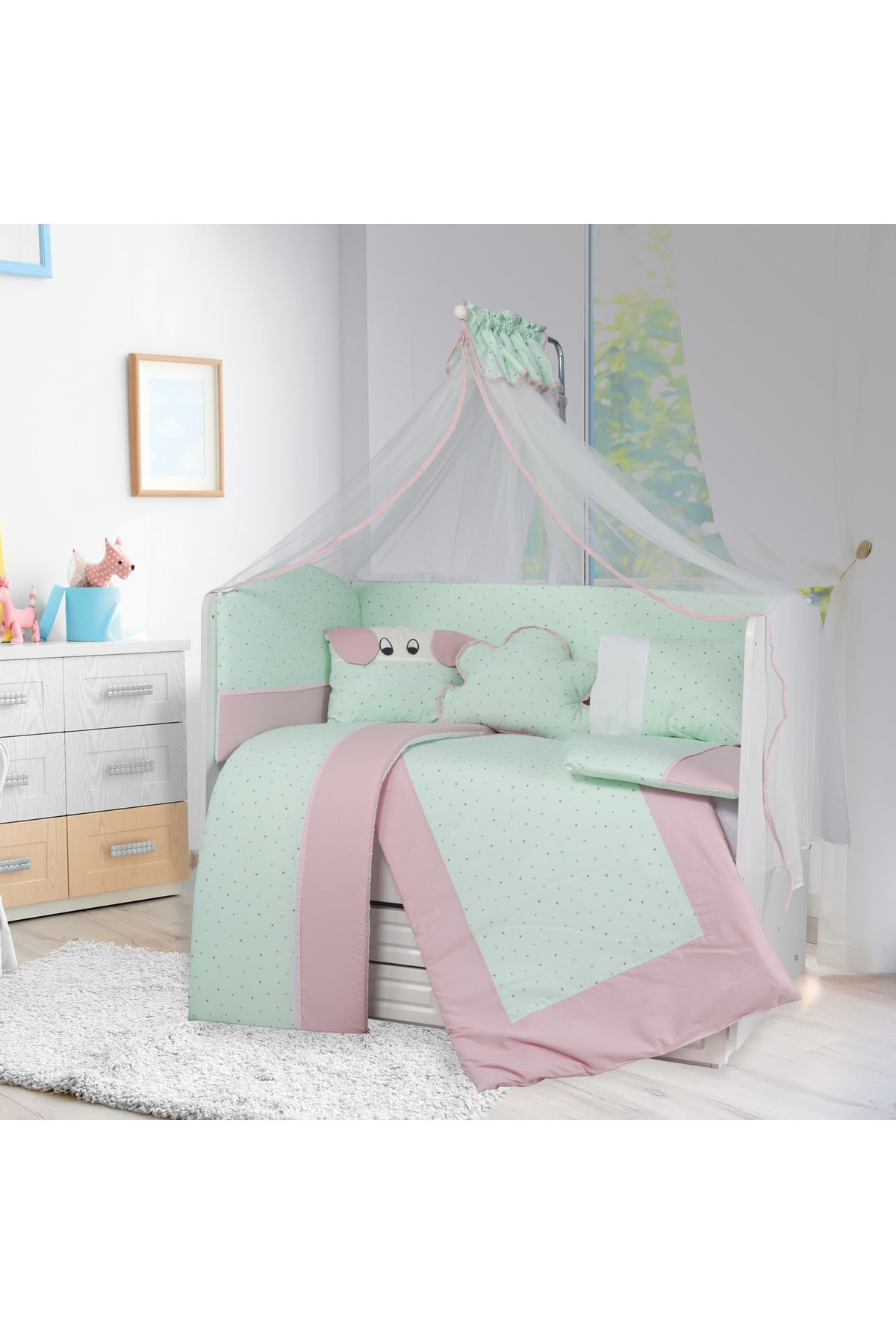 TuGu home baby TuGU HoMe&BaBy %100 pamuklu 60x120 cm 11 parça puantiye desenli,köpekli bulutlu yastık uyku seti04
