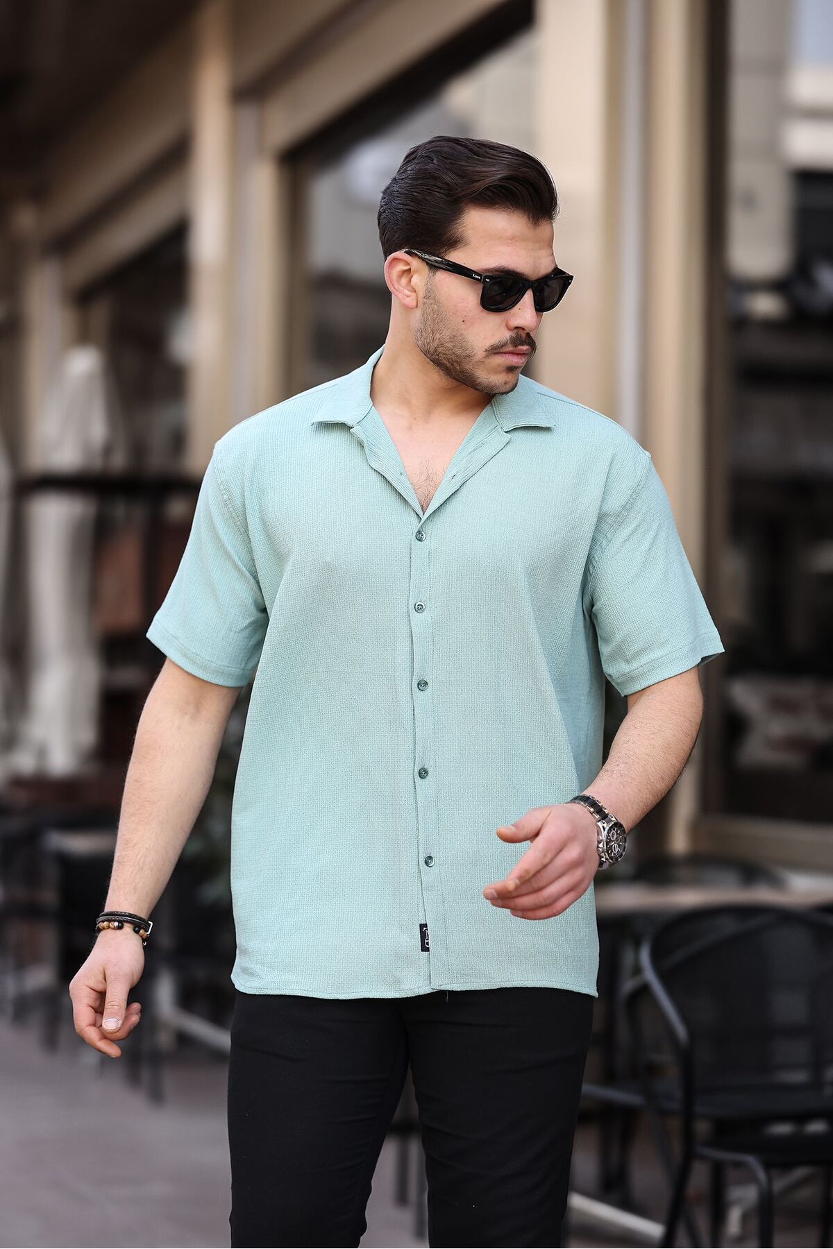 Gray Clothing Su Yeşili Erkek Oversize Bol Kesim Yazlık Kısa Kollu Gömlek