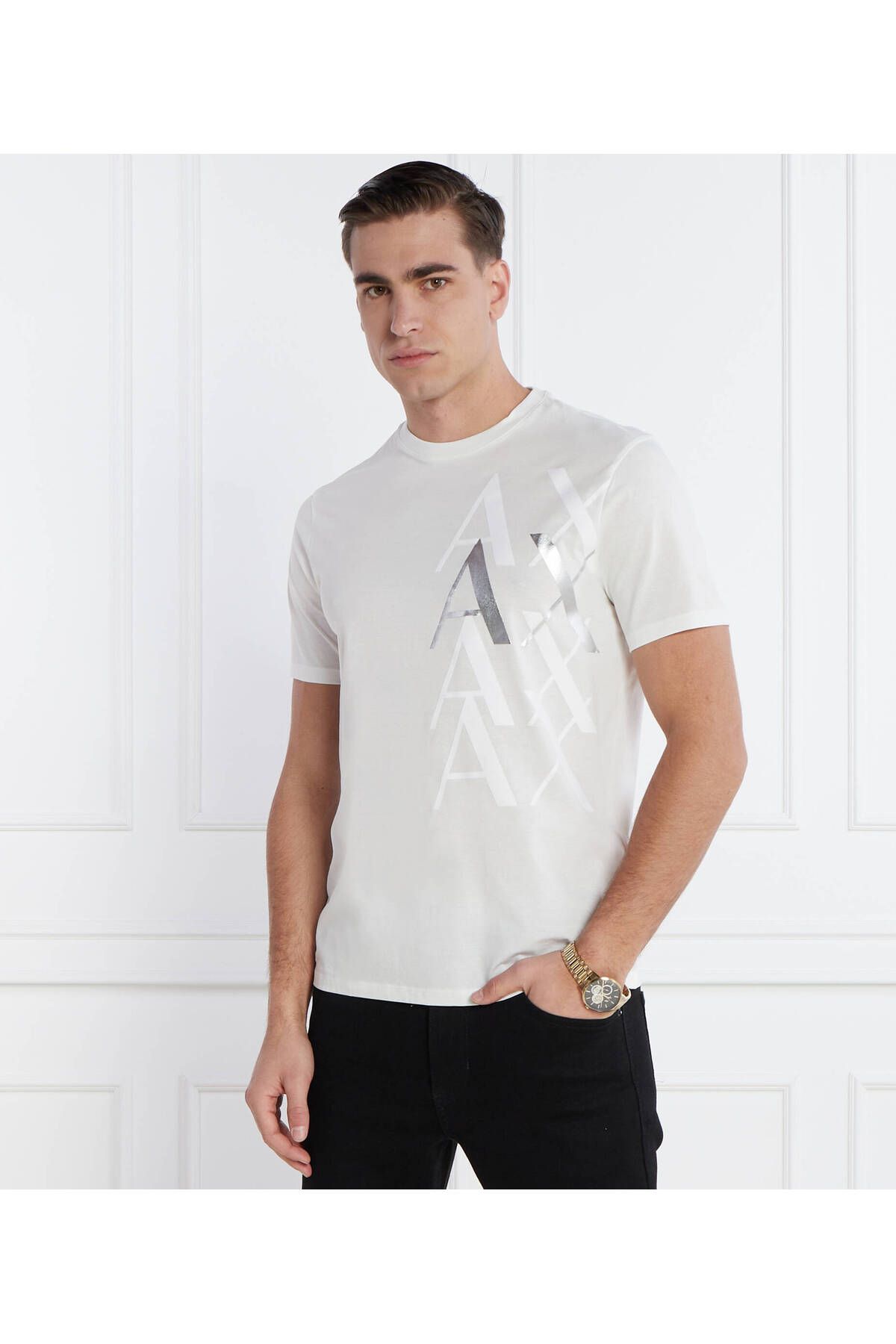 Armani Exchange Erkek Logolu Bisiklet Yaka Kısa Kol Standart Beyaz T-Shirt 3DZTSC ZJ9AZ-AE1116