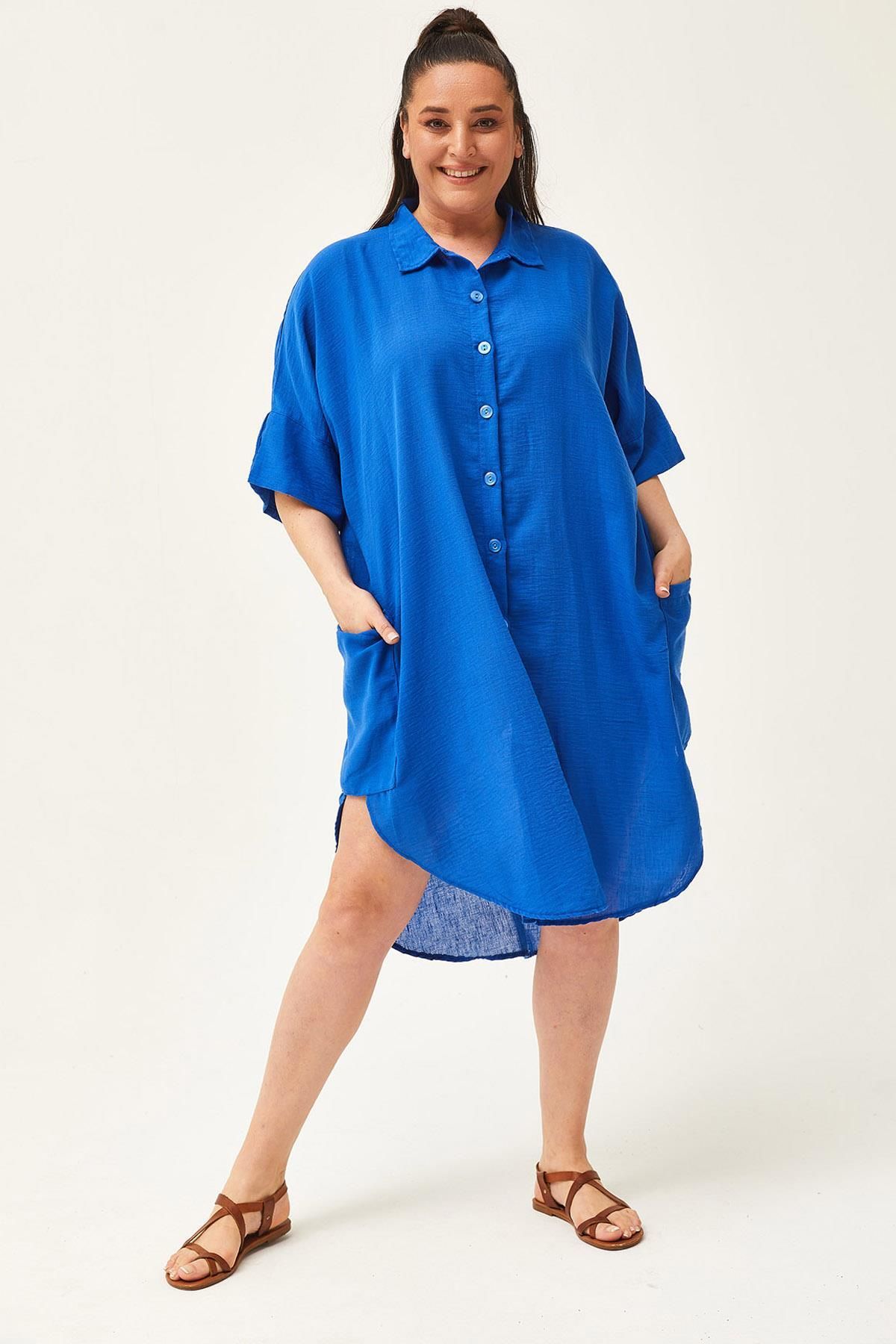 Ebsumu Kadın Büyük Beden Düşük Kol Ekstra Rahat Kalıp Keten Mavi Gömlek Elbise
