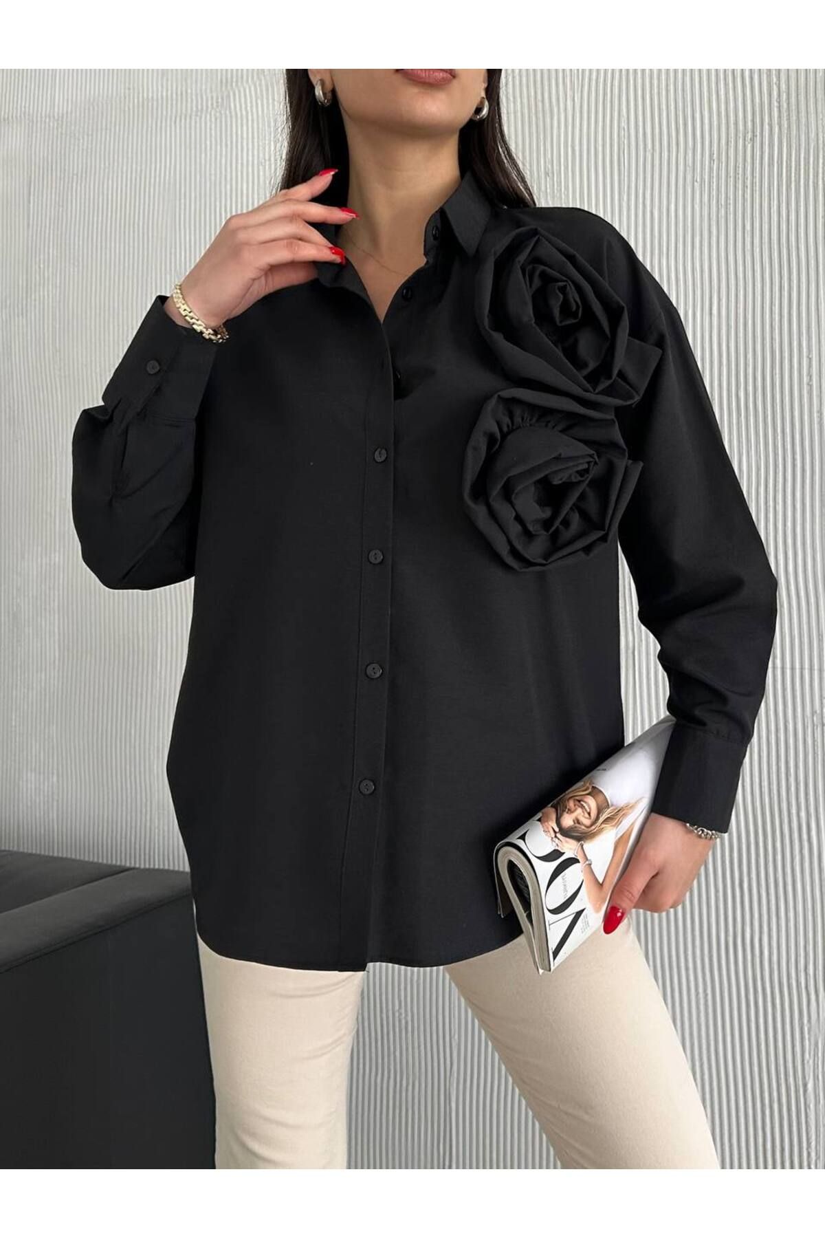 DuSiMoDa Kadın Siyah Gömlek Volanlı Büyük Çiçek Önü Kısa Arkası Uzun Salaş Kesim