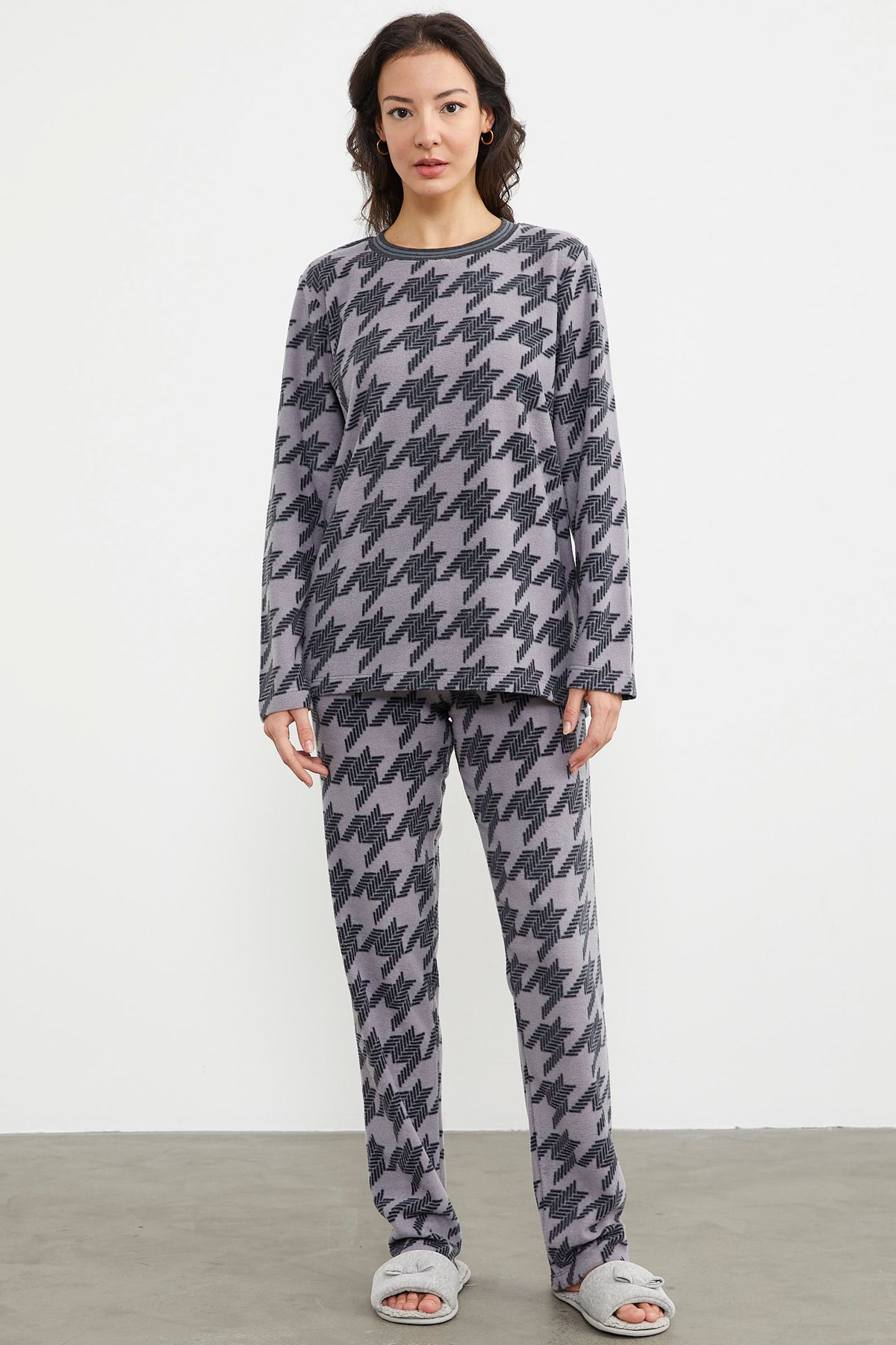 Sementa Sıfır Yaka Desenli Polar Pijama Takım - Antrasit