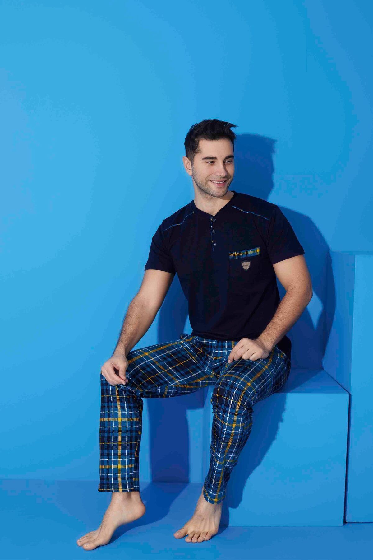 Tarık Erkek Lacivert Ekose VE Kare Desenli Kısa Kollu Penye Kumaş  %100 Pamuk Yazlık Pijama Takımı