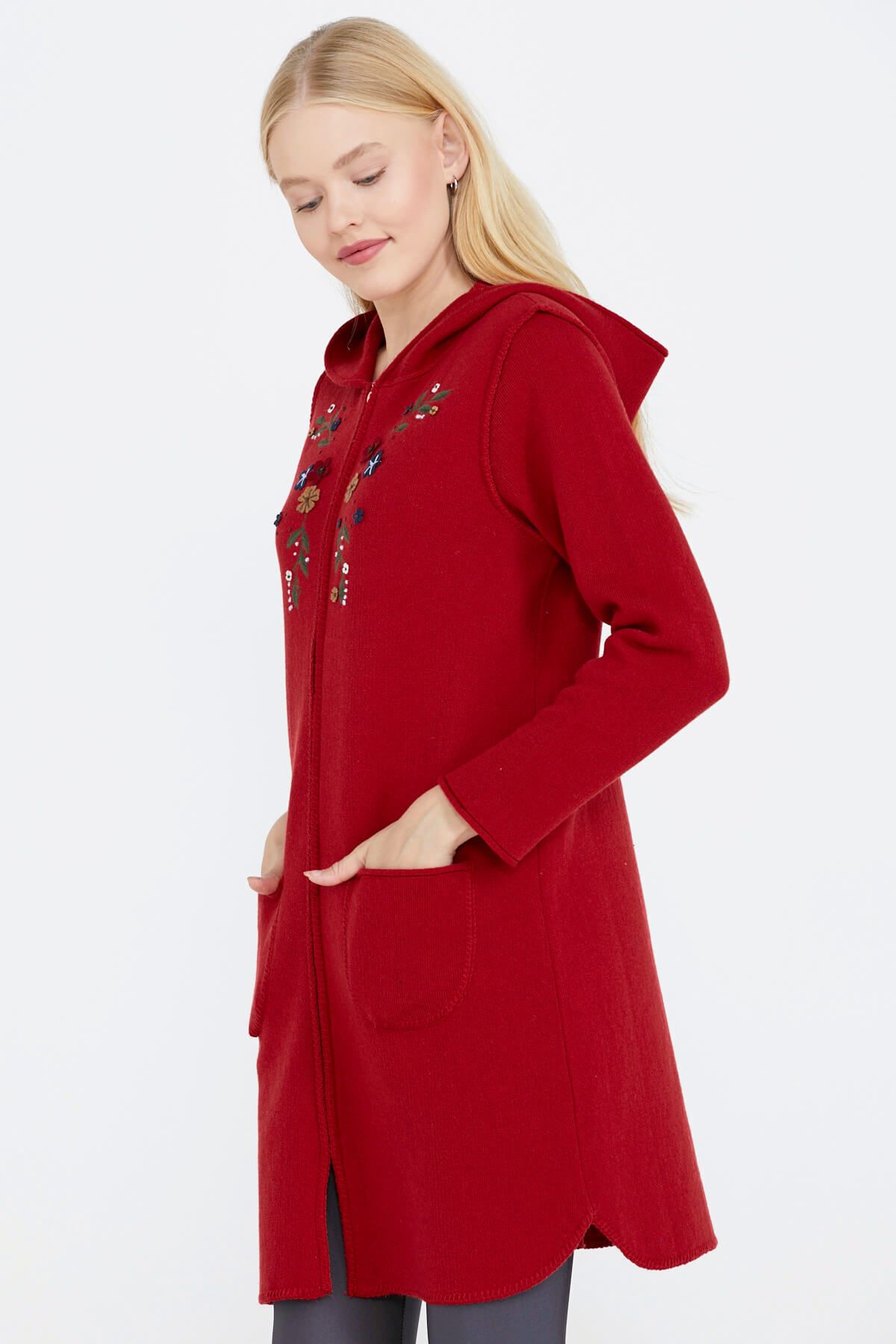 Sementa Nakış Desenli Kapüşonlu Kadın Triko Ceket - Kırmızı